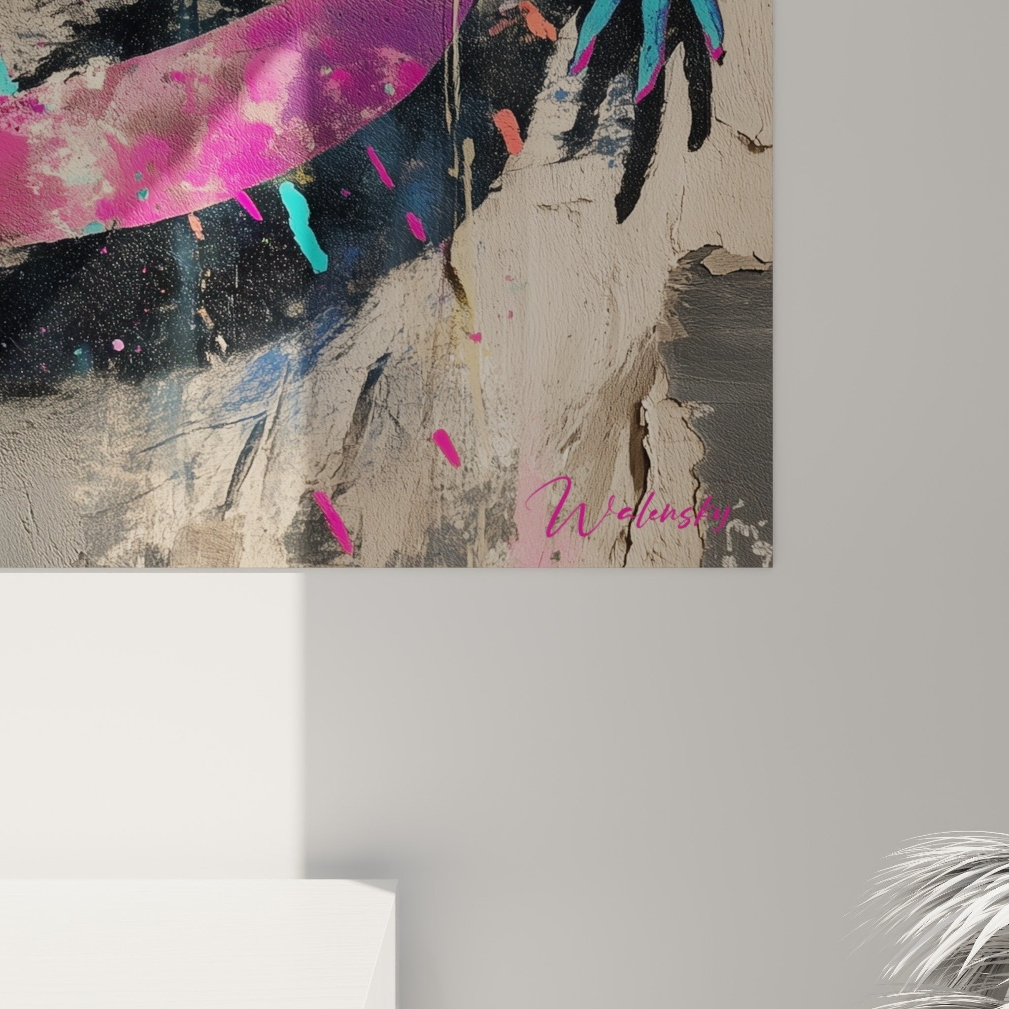 Vue d'ensemble tableau axolotl dans intérieur contemporain, décoration murale art moderne