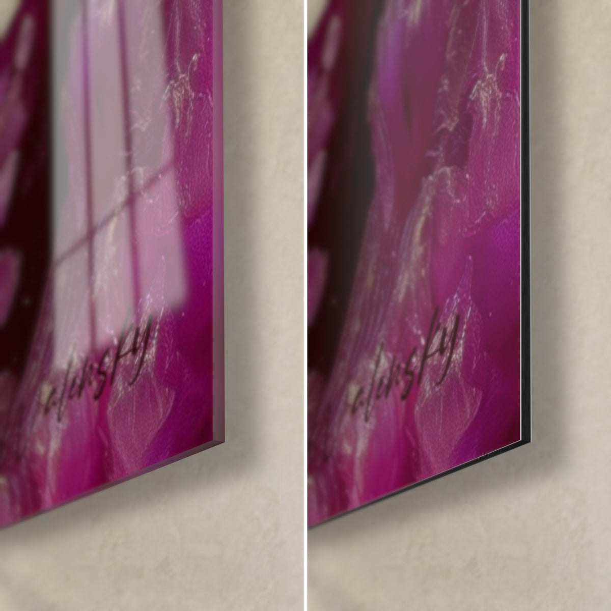 Gemälde Amphibie mit leuchtend rosa Kiemen, untere rechte Ecke: glänzendes Acrylglas links, mattschwarzes Dibond rechts, 3 mm Kante