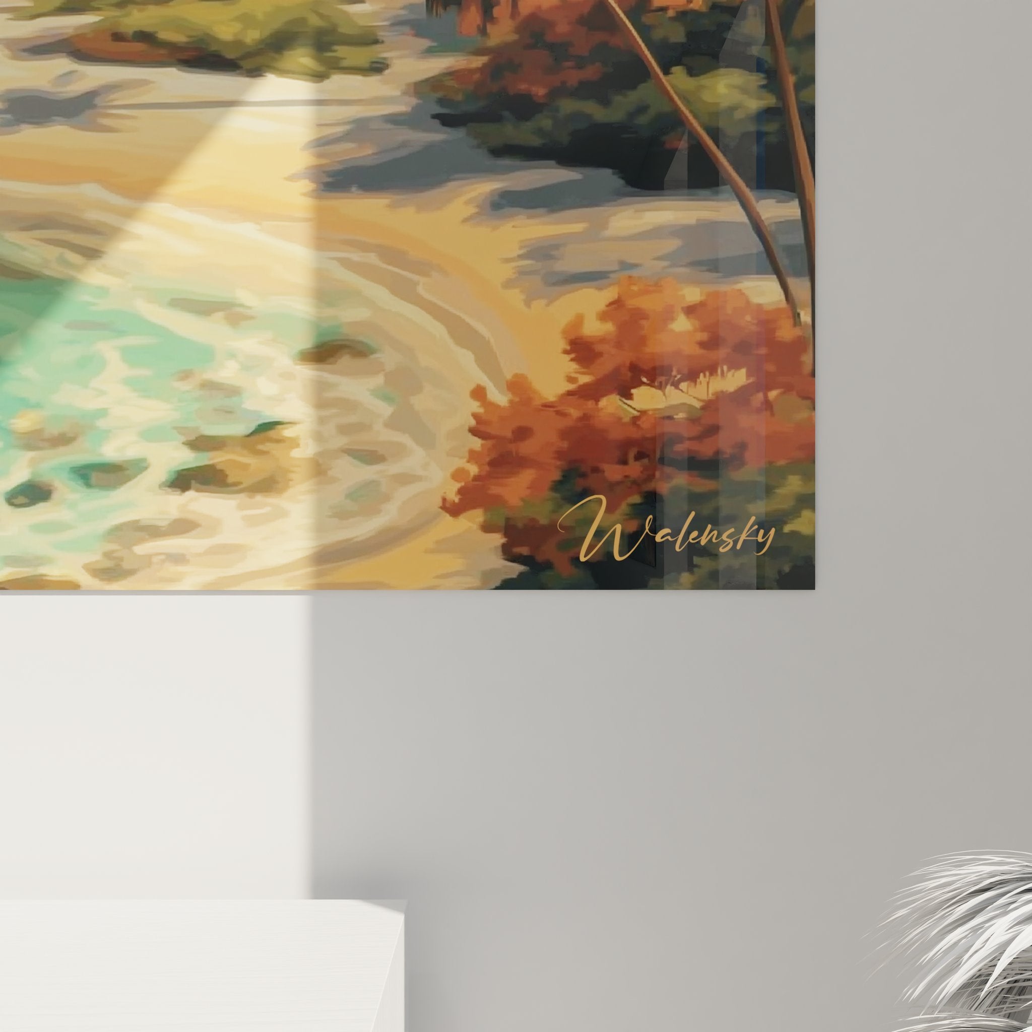 Vue ensemble tableau mural baie paradisiaque tropicale avec palmiers et eaux turquoise style archipels