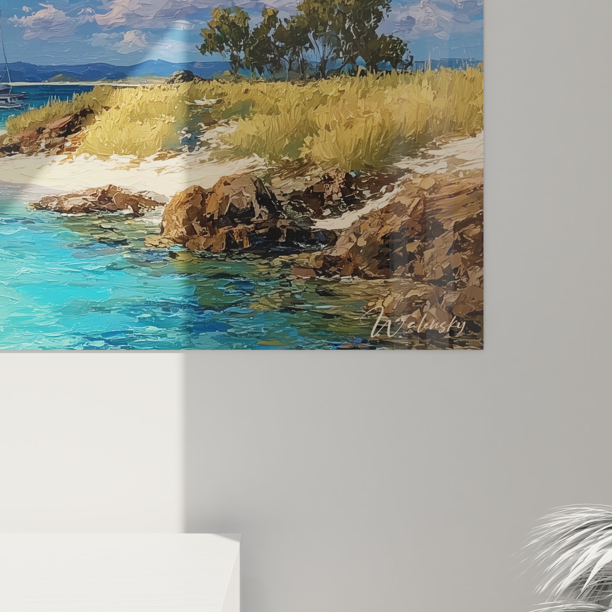 Vue ensemble tableau décoratif baie paradisiaque format panoramique avec cadre moderne pour décoration murale