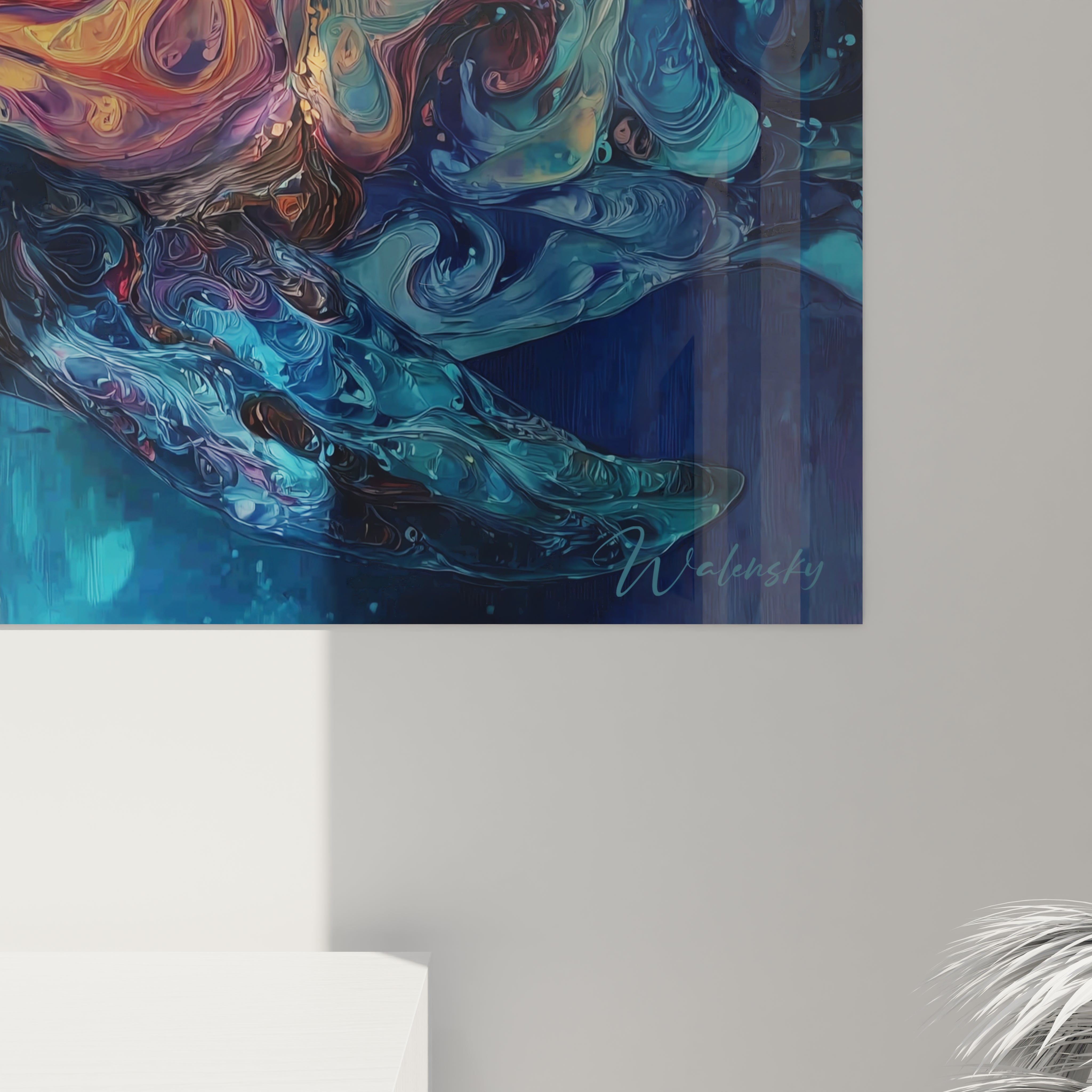 Vue d'ensemble tableau baleine abstraite coloré, art mural décoratif Basilosaurus