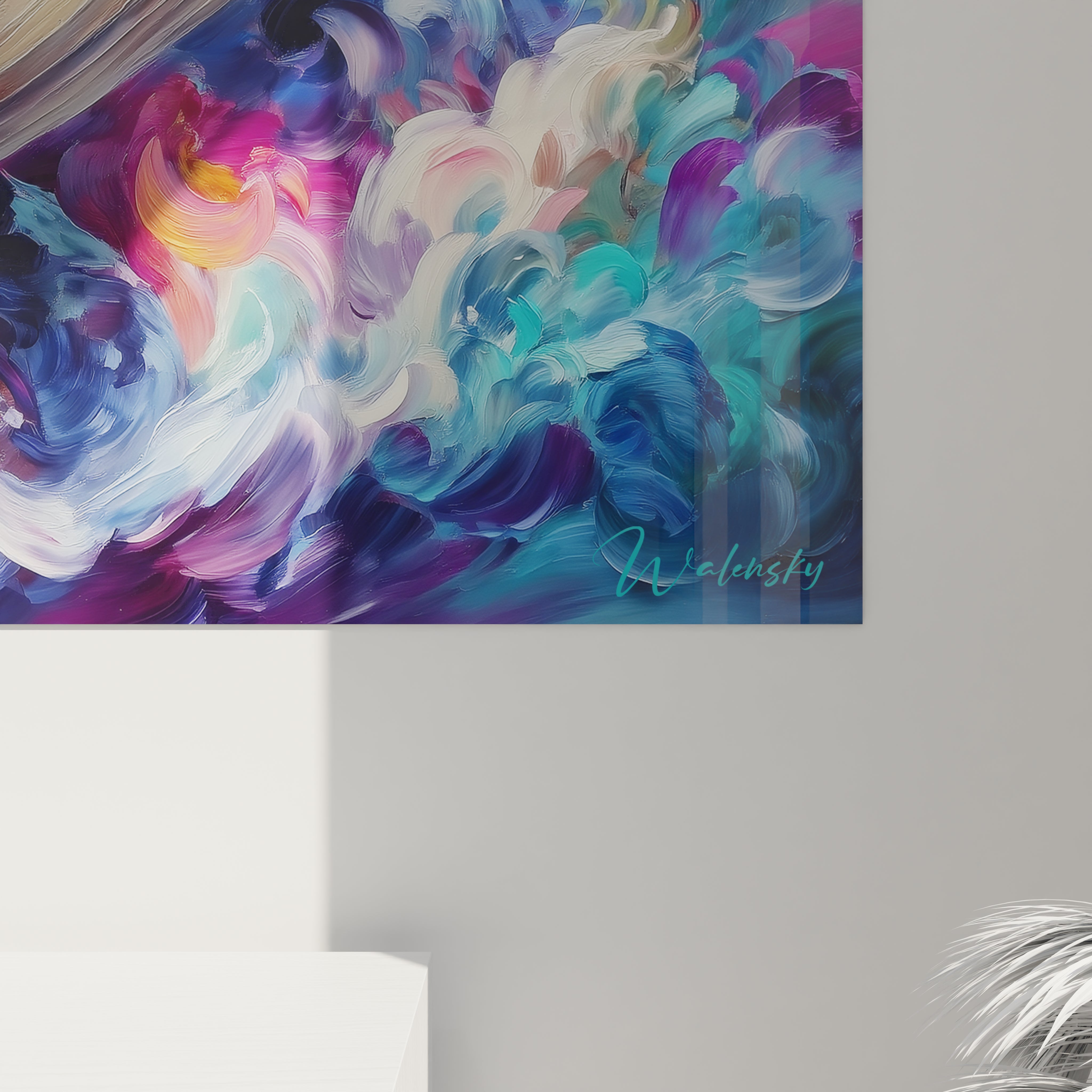 Vue ensemble tableau mural baleine colorée - art expressionniste décoration intérieure moderne