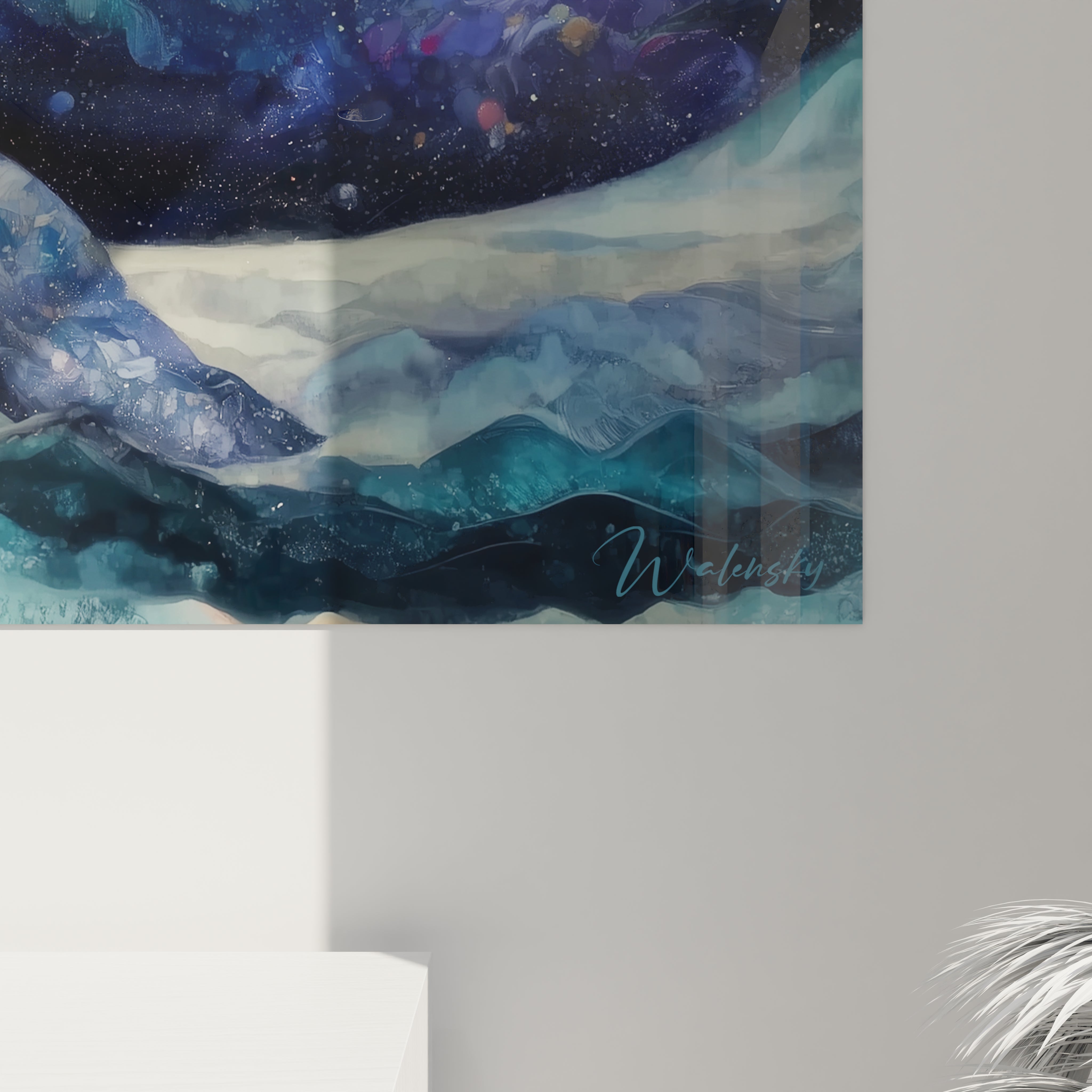 Vue d'ensemble du tableau mural baleine cosmique dans son environnement décoratif