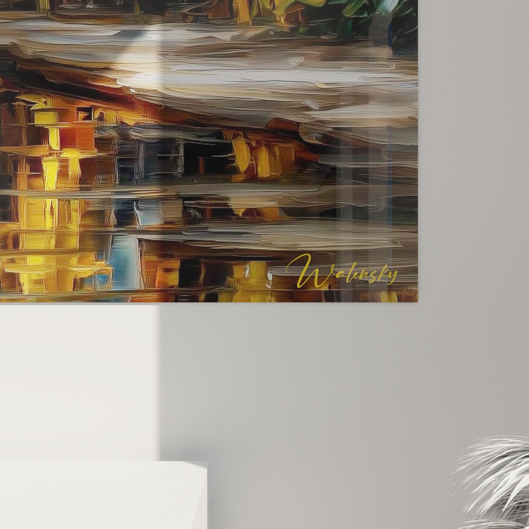 Vue ensemble tableau mural bambous forêt, œuvre d'art zen avec reflets dorés sur plan d'eau cristallin