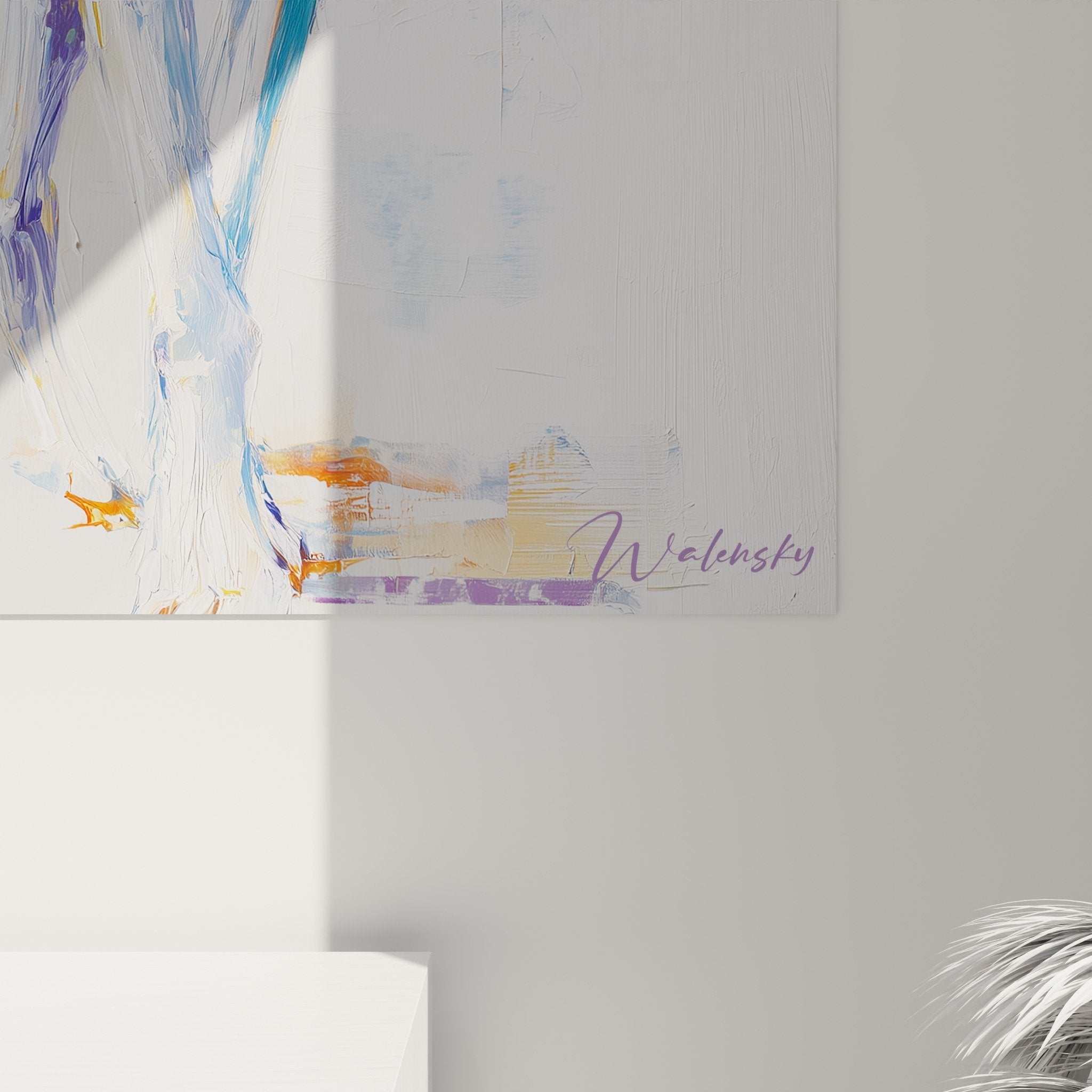 Vue d'ensemble tableau lévrier barzoi multicolore dans intérieur contemporain, art mural décoratif moderne