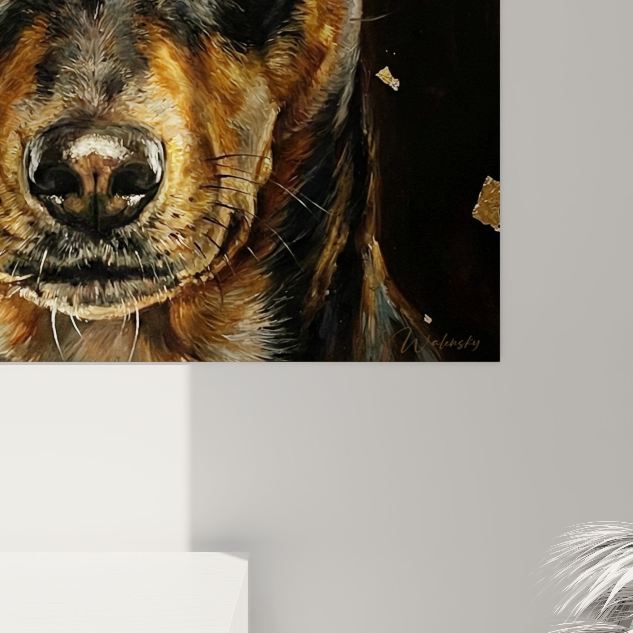 Overview of Basenji portrait artwork with framing in contemporary interior
