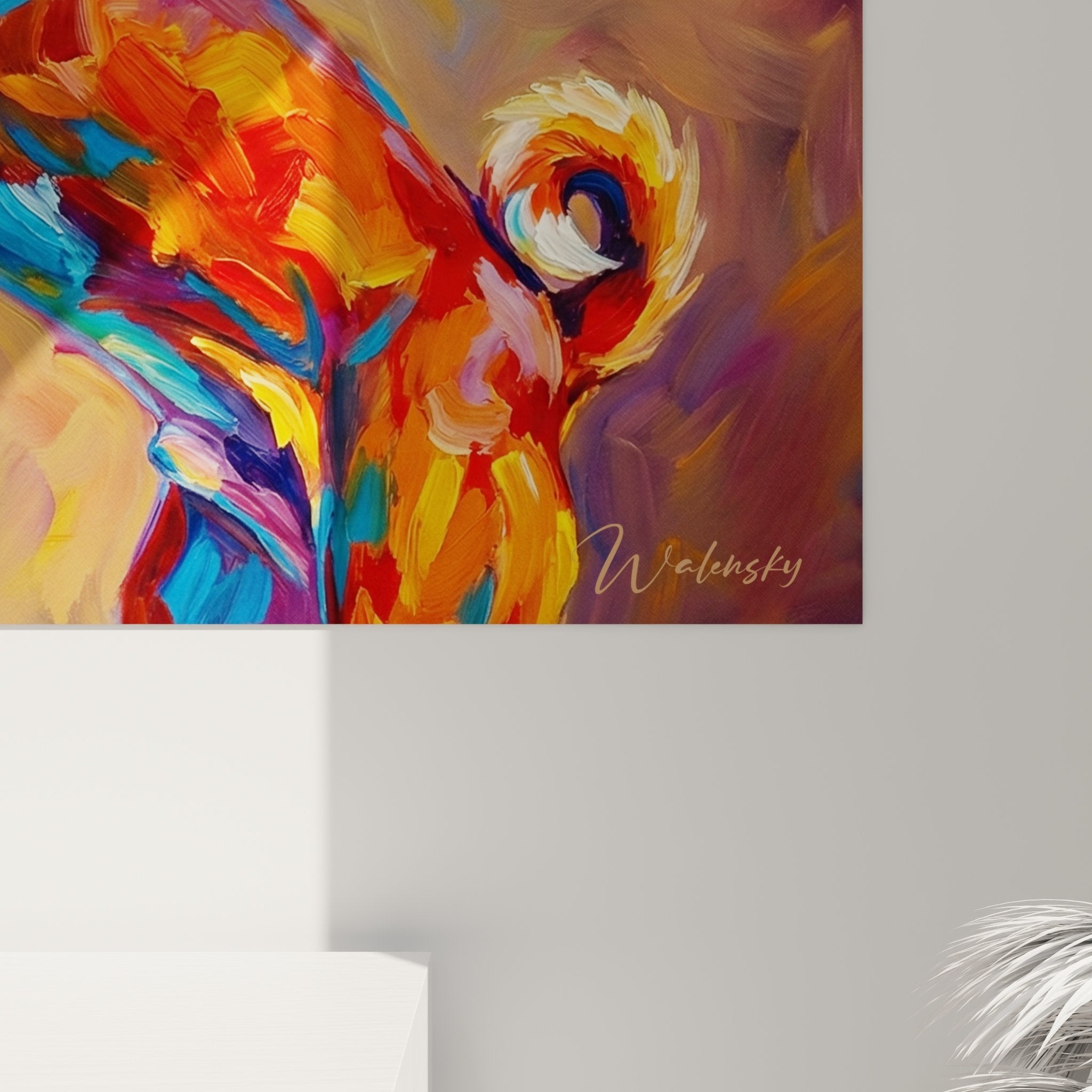 Übersicht des farbenfrohen Basenji-Hunde-Wandbildes in modernem Wohnzimmer mit dynamischer Orange- und Türkis-Farbpalette