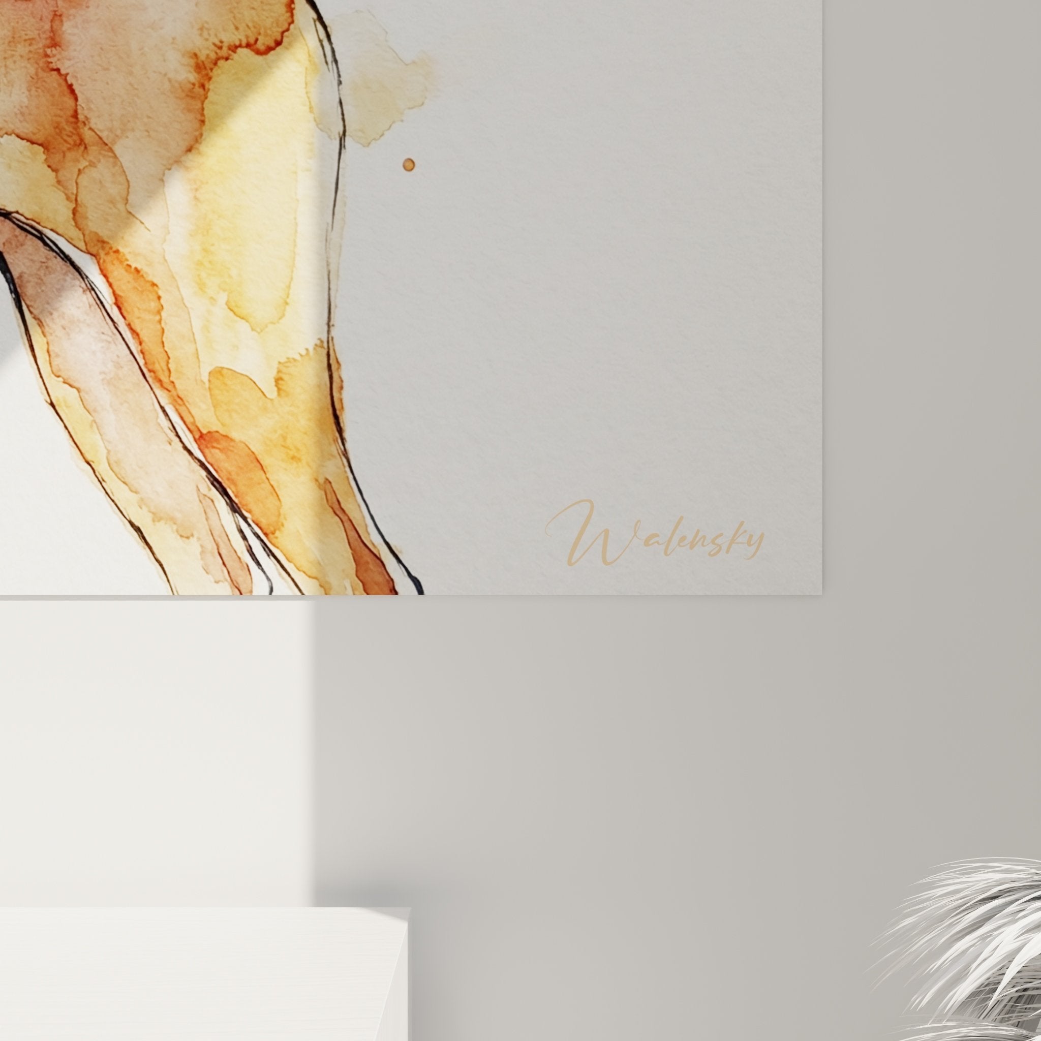 Vue ensemble tableau Basenji aquarelle, œuvre artistique chien roux style contemporain