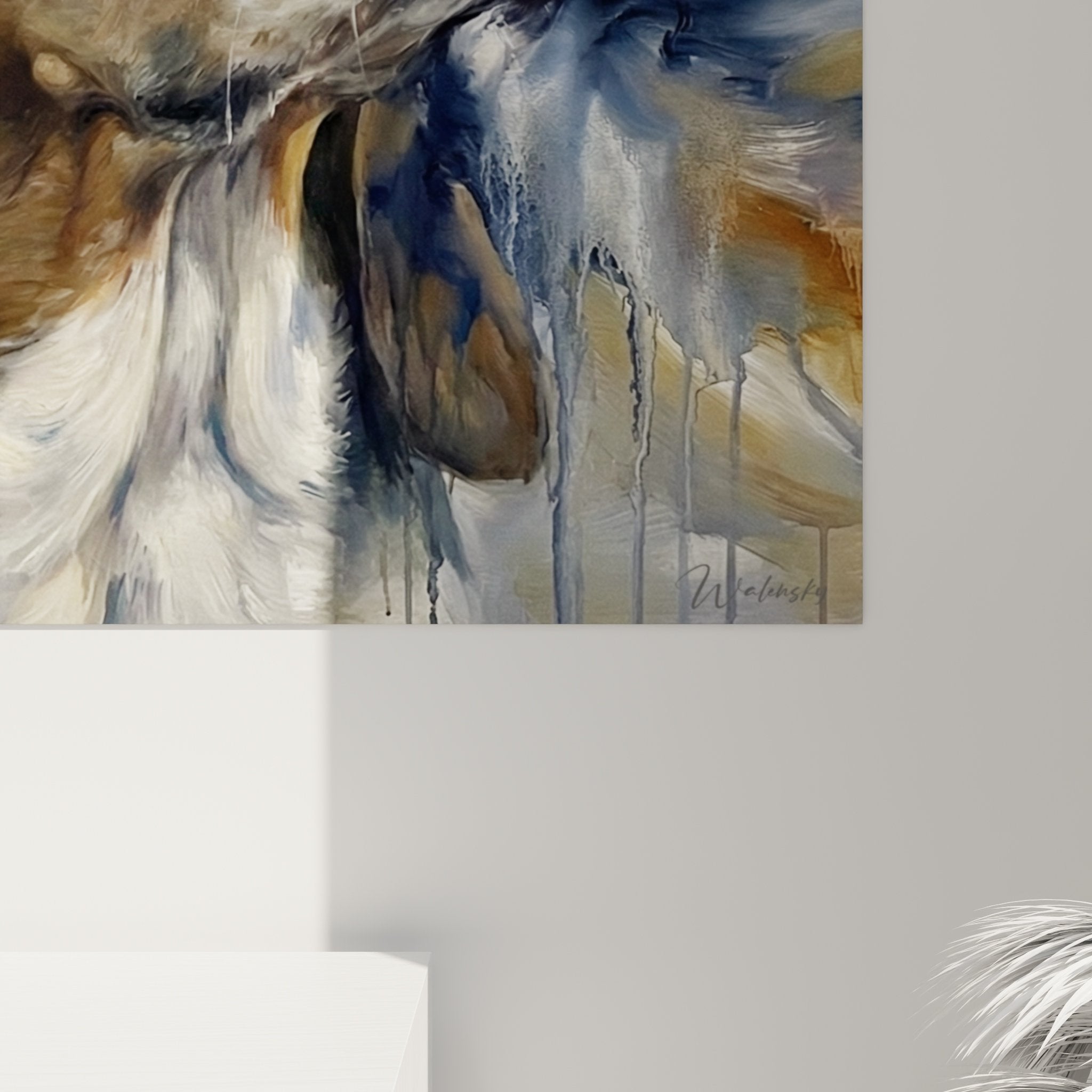 Vue d'ensemble du tableau portrait Basset Hound, œuvre d'art animalier aux nuances cuivrées et bleues