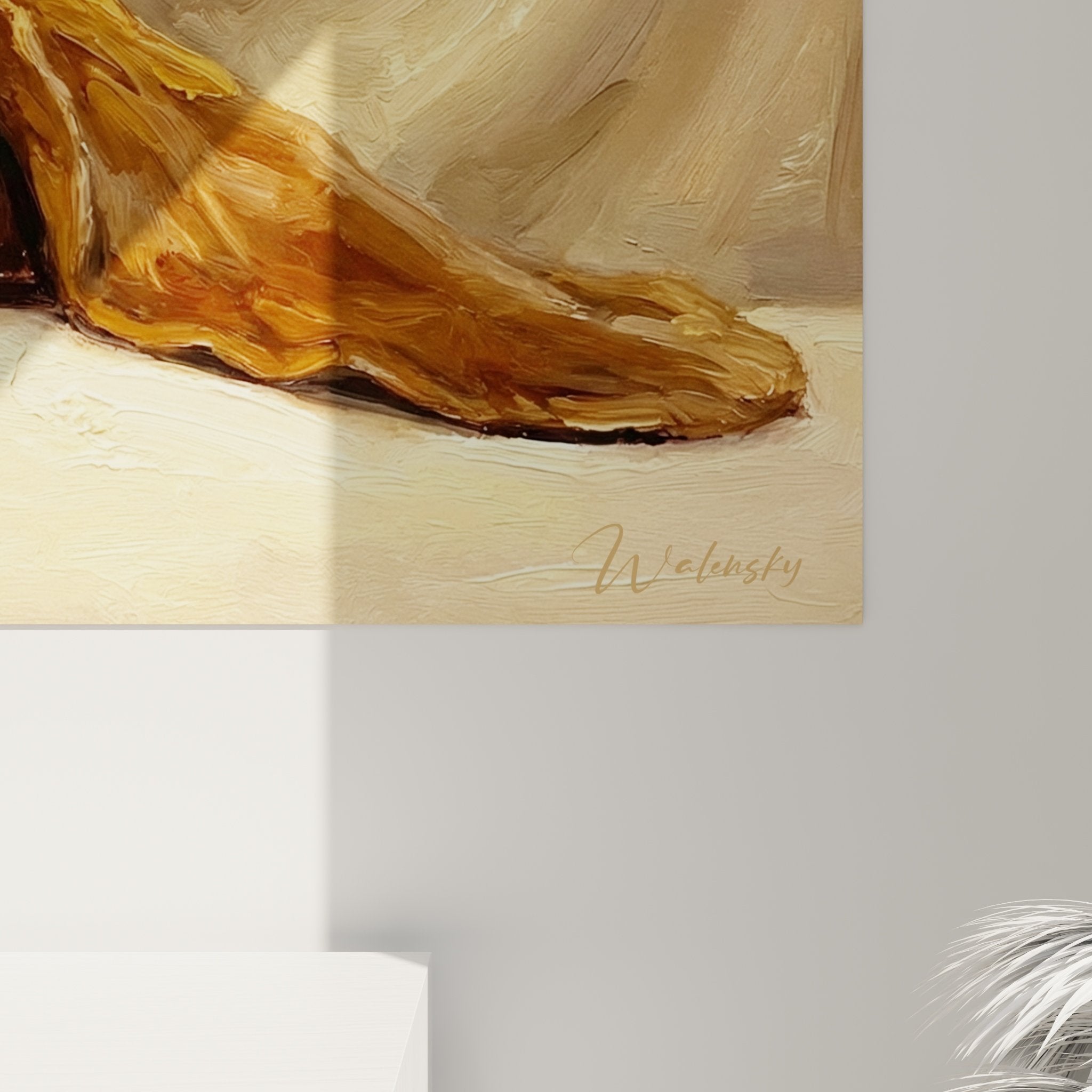 Vue ensemble tableau Basset Hound décoration intérieur tons dorés art animalier