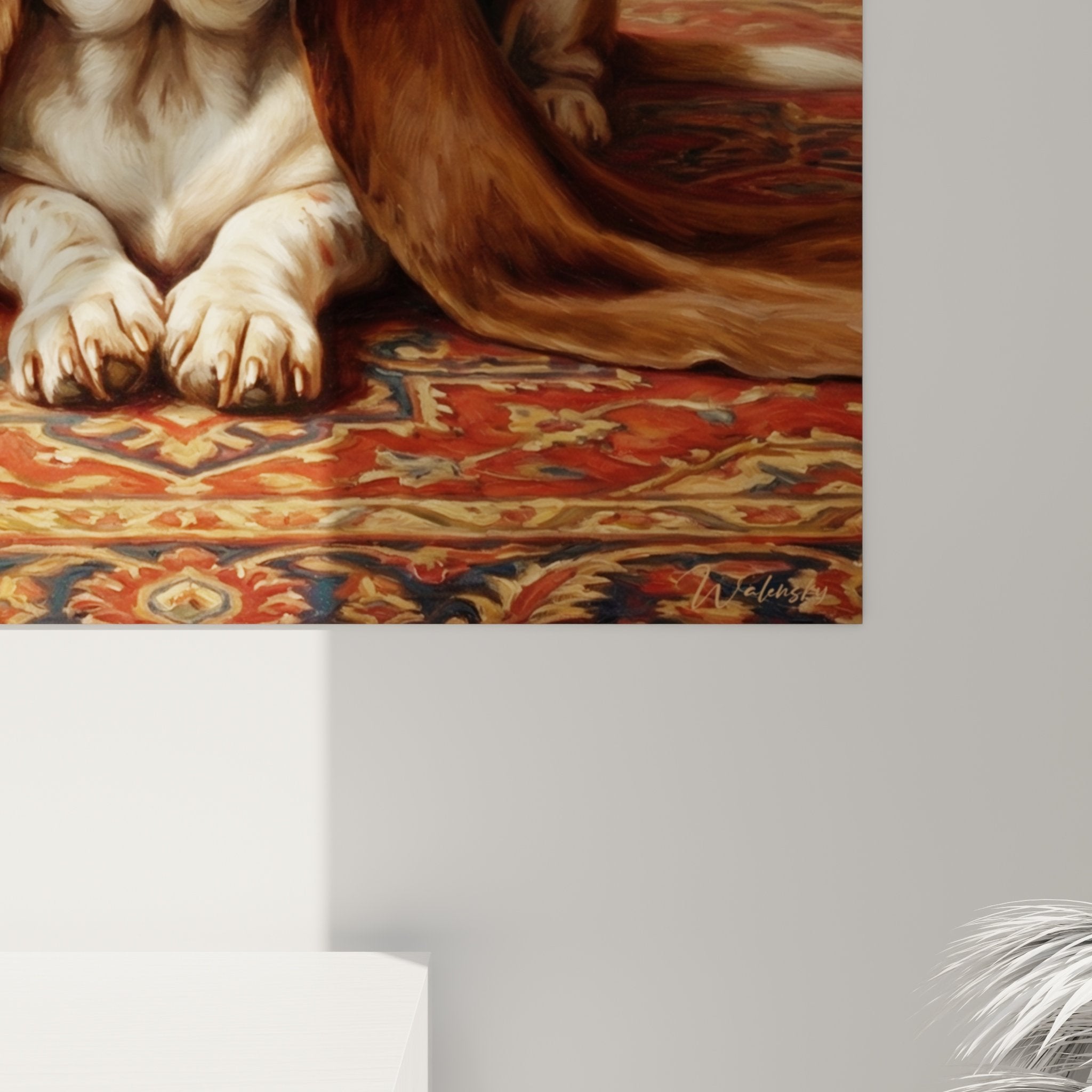 Vue d'ensemble du tableau mural Basset Hound dans un intérieur aux tons neutres et chaleureux