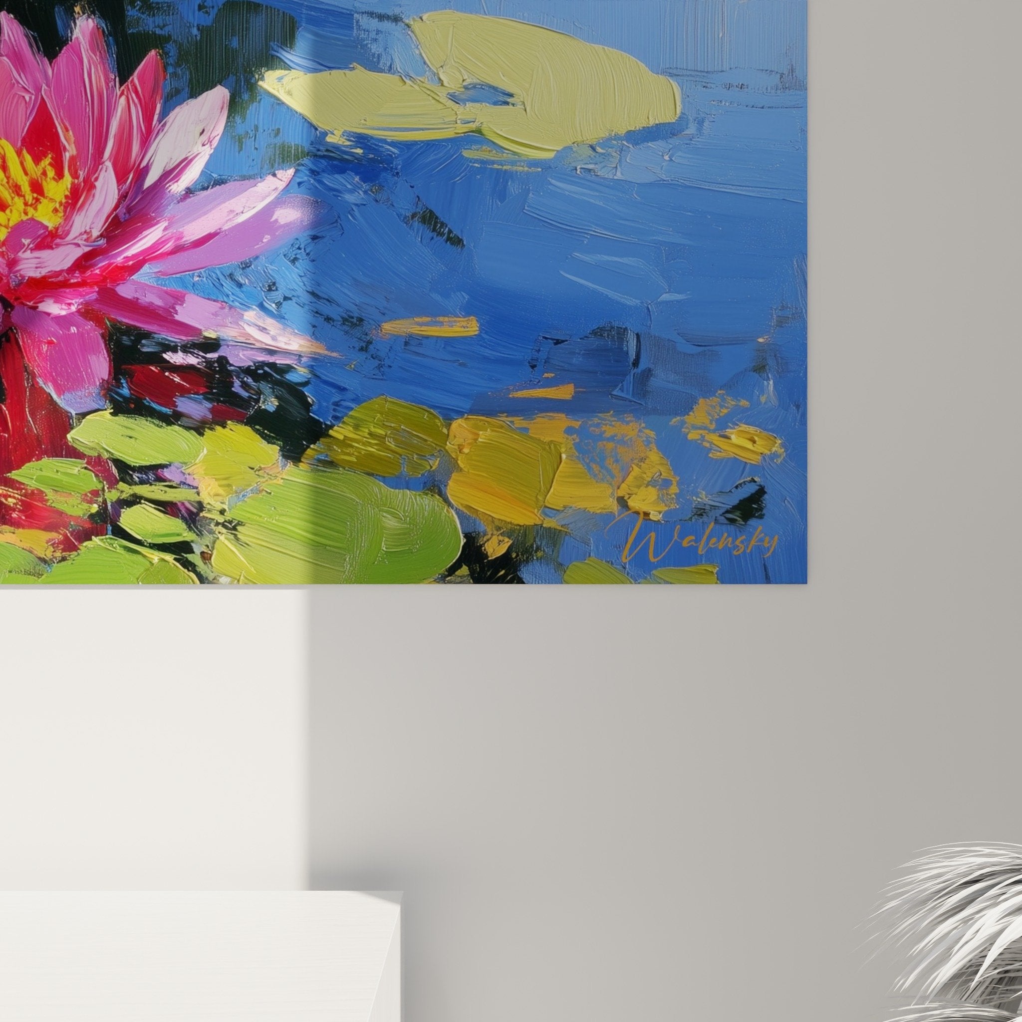 Overview of aquatic painting with colorful water lilies, blue pink yellow palette, panoramic composition