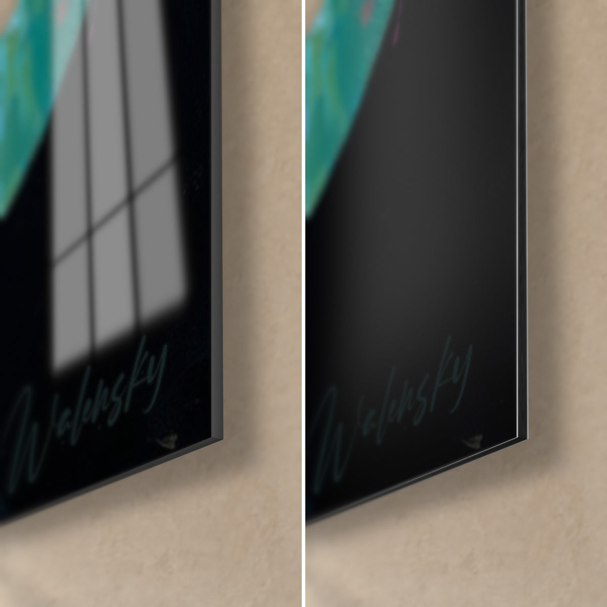 Schilderij van drijvende turquoise en groene bladeren, rechter onderhoek in glanzend glas en mat Dibond-aluminium, dikte 3 mm