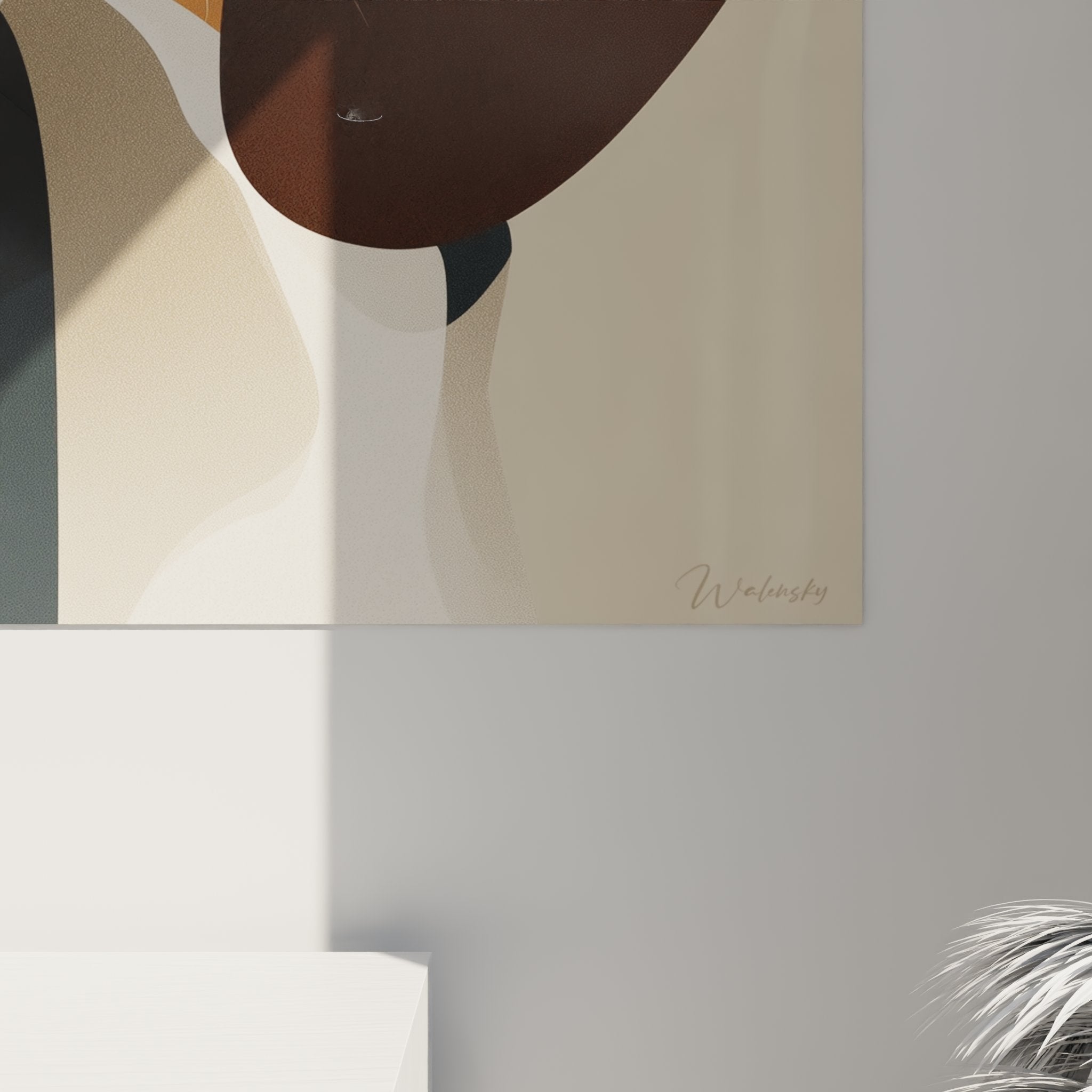 Gesamtansicht des zeitgenössischen Beagle-Gemäldes mit warmer Farbpalette und puristischen Formen