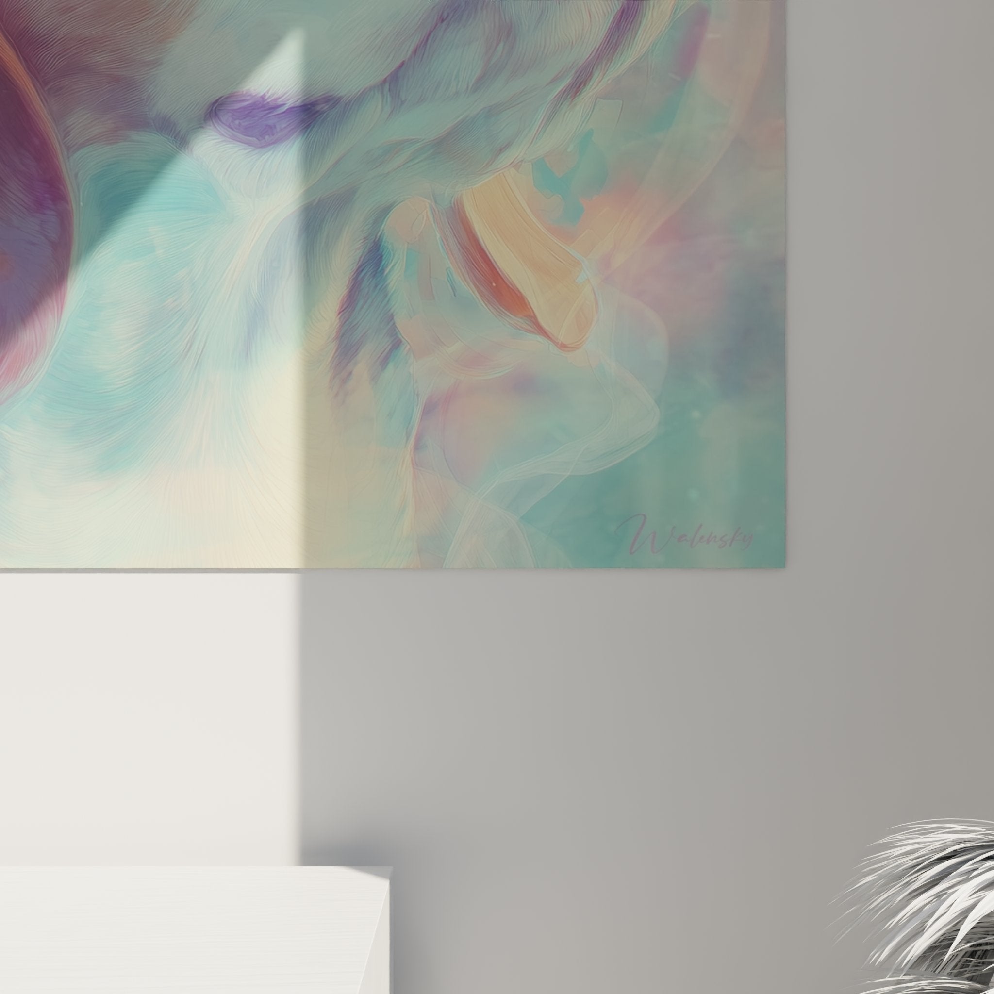 Gesamtansicht des Beagle-Gemäldes in Pastellfarben in zeitgenössischem Interieur mit harmonischen Farben