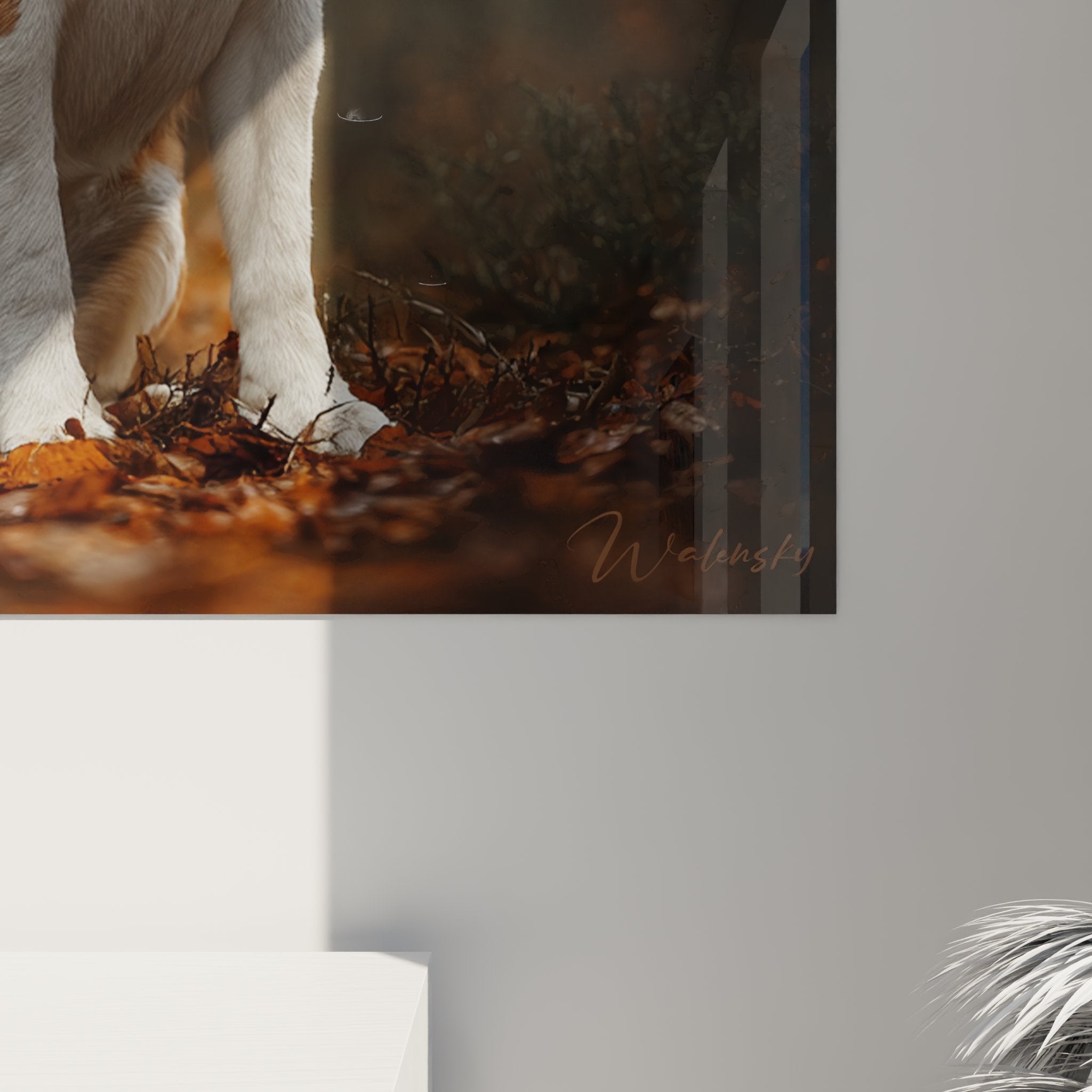 Gesamtansicht des Herbst-Beagle-Gemäldes in modernem und gemütlichem Interieur integriert