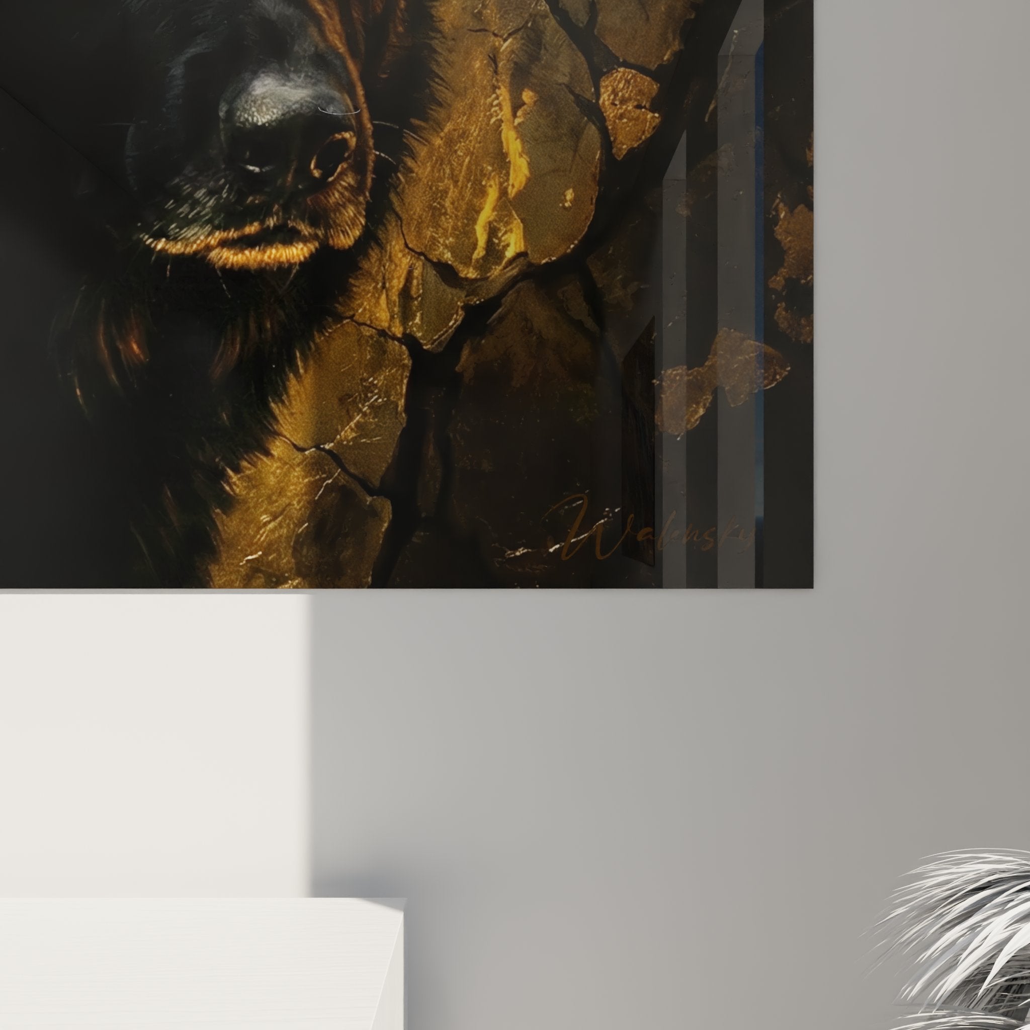 Vista d'insieme quadro murale pastore tedesco nero maestoso sfondo artistico dorato texture