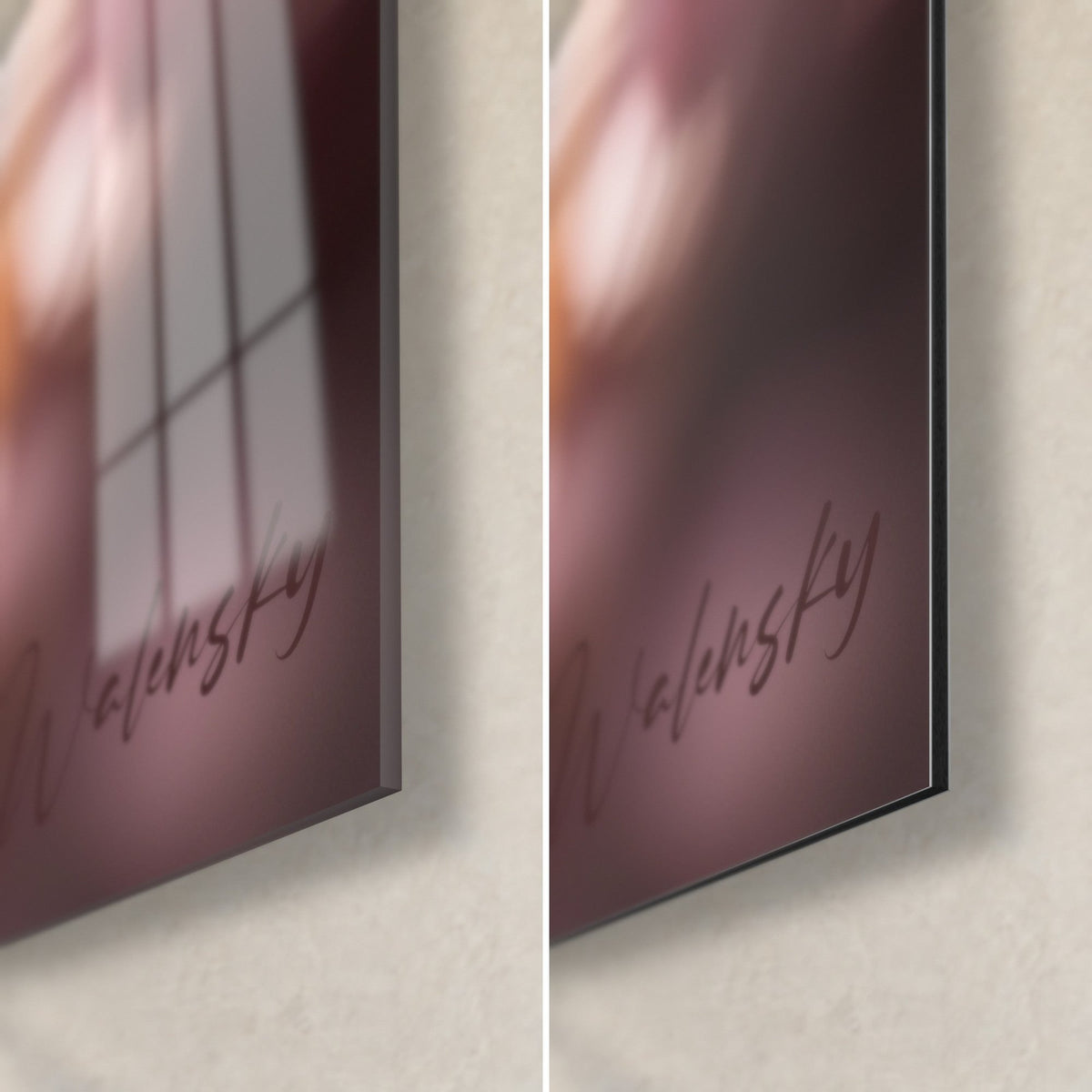 Schilderij hondenportret op wazige roze achtergrond, rechtsonder, glanzend acrylglas dat een raam weerspiegelt, mat grijs Dibond, 3 mm dik