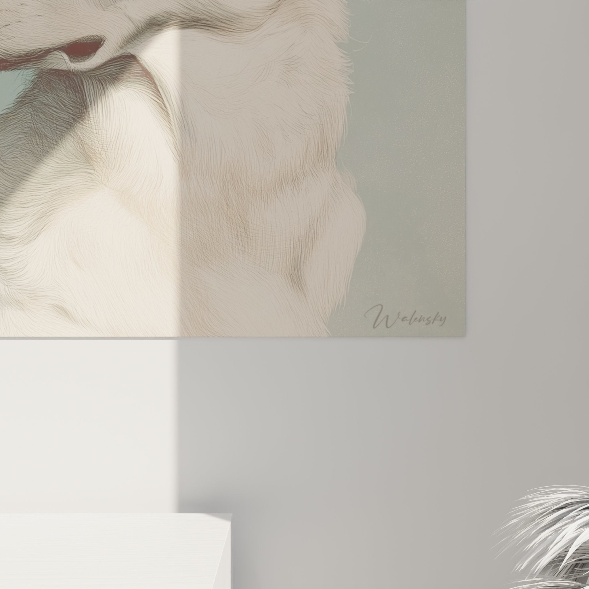 Vue d'ensemble tableau Berger Blanc Suisse, art canin contemporain, palette chromatique douce et harmonieuse