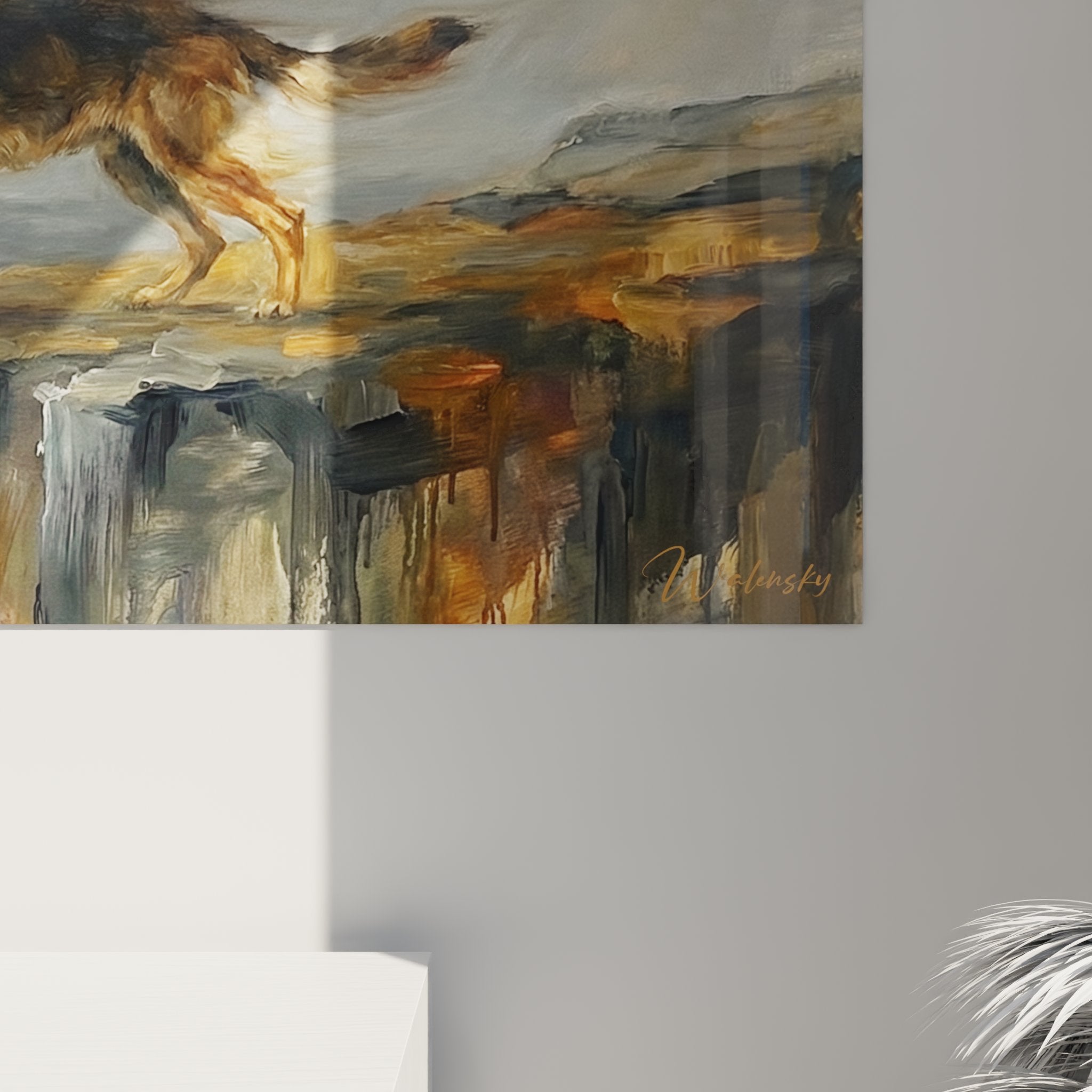 Vue d'ensemble tableau berger allemand paysage montagneux rocheux style pictural