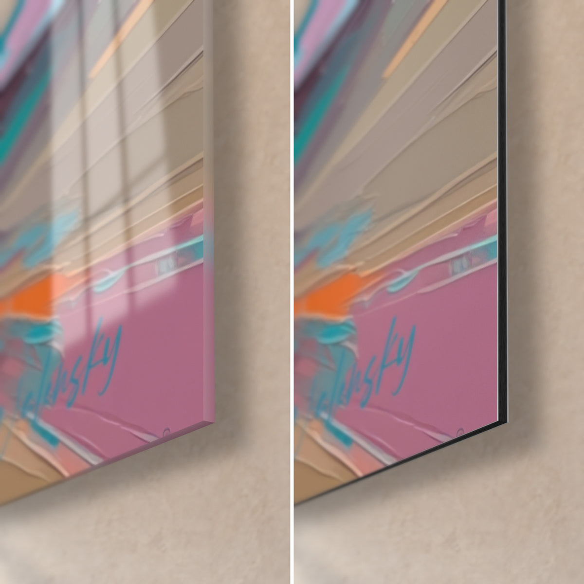 Tableau paguridé peint au couteau, coin bas droit en verre acrylique brillant et alu Dibond mat noir, tranche de 3 mm visible