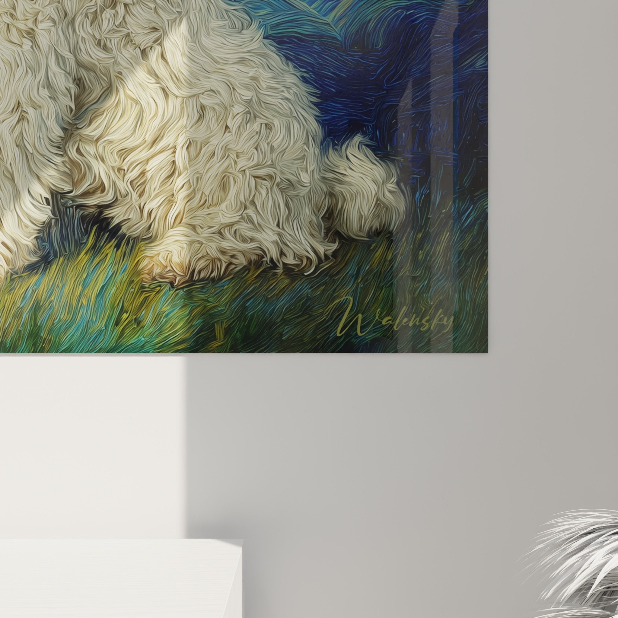 Übersicht Wandgemälde Bichon Frisé im impressionistischen Stil auf wirbelndem Sternenhimmel
