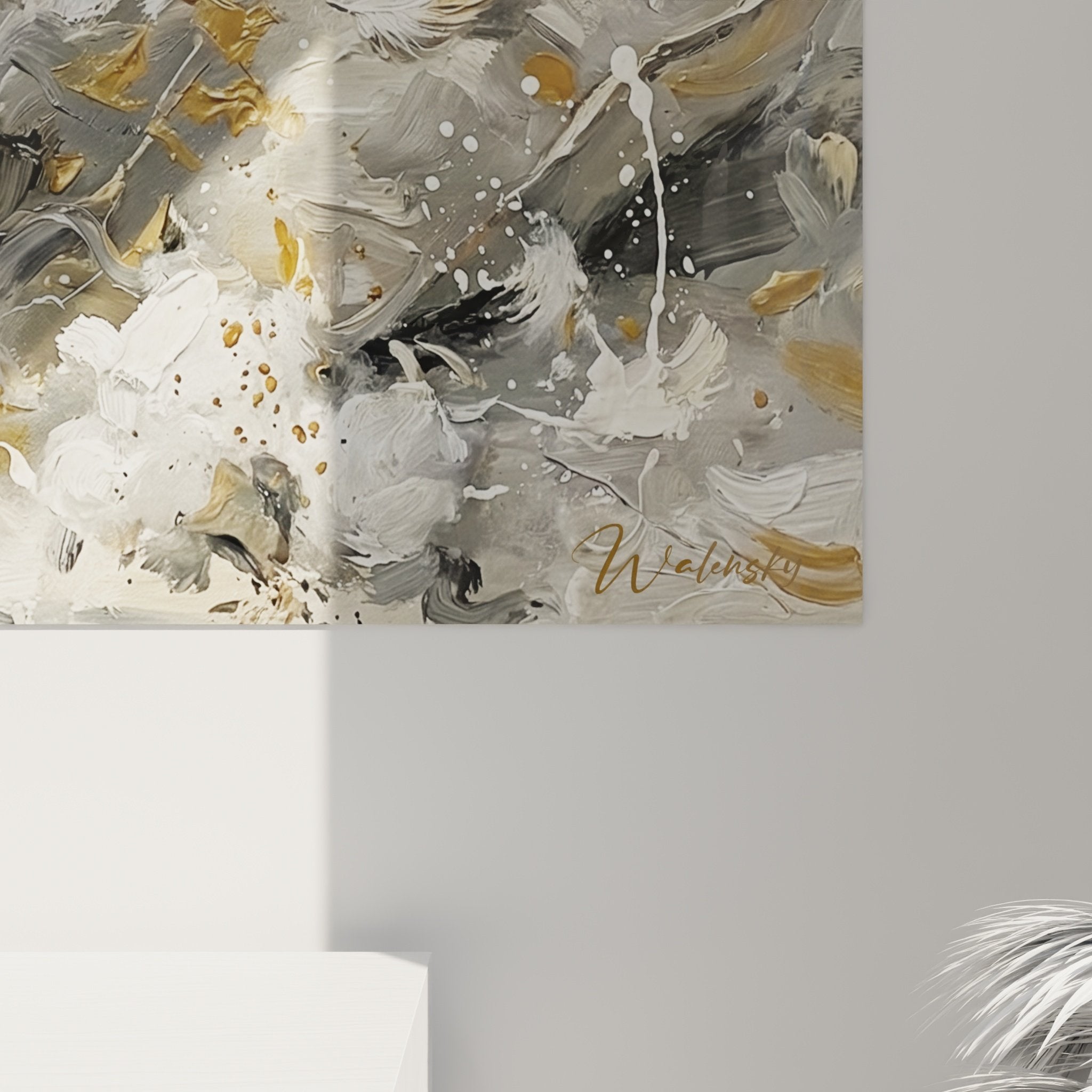 vue ensemble tableau bichon maltais decoration interieur palette grise doree