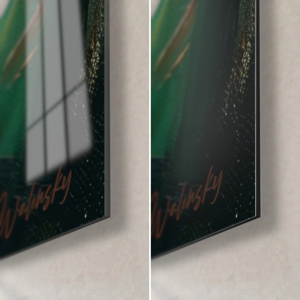 Schilderij biljartkamer in olie, rechtsonder hoek: glanzend acrylglas dat het raam weerspiegelt, mat Dibond-aluminium, rand van 3 mm