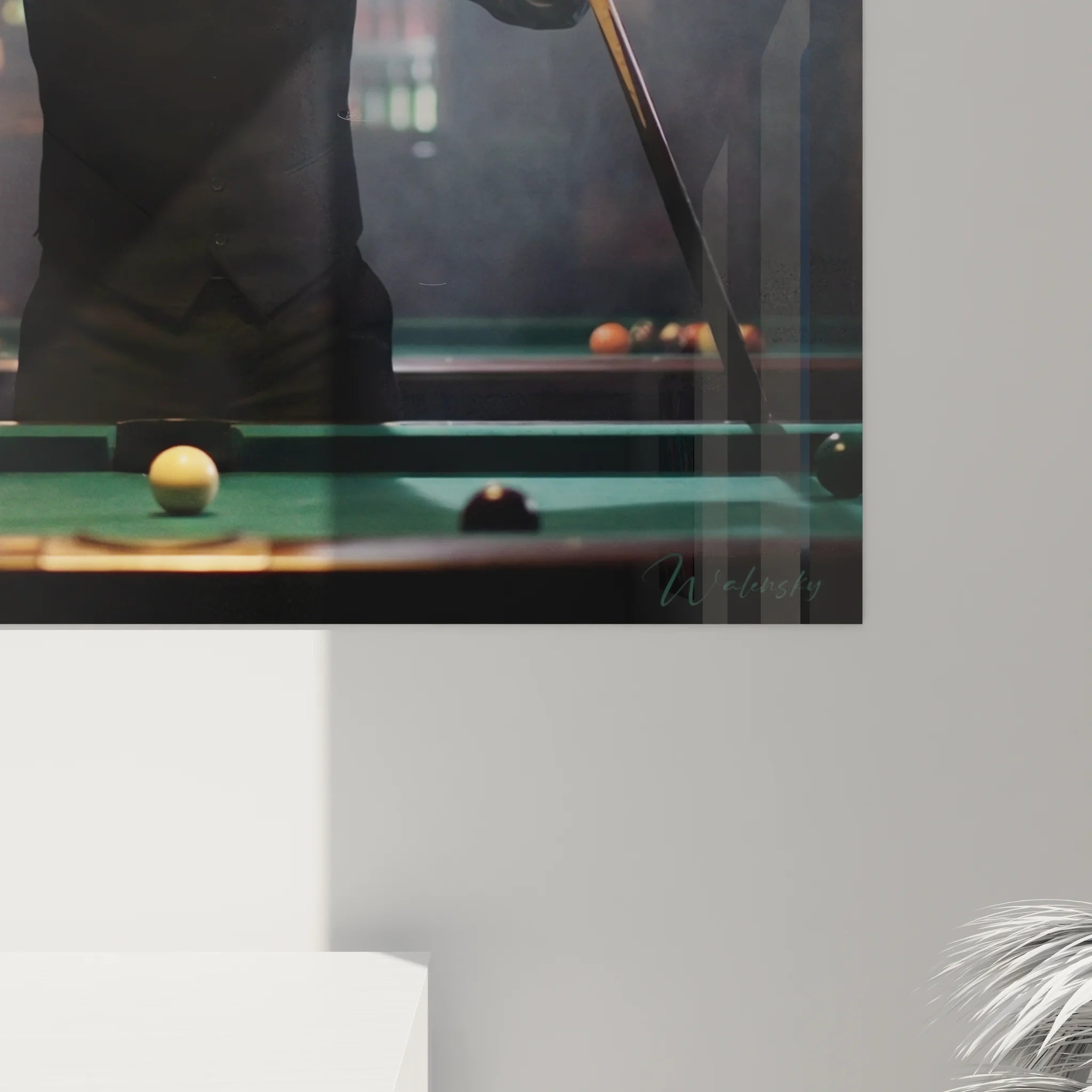 Vue ensemble tableau mural billard joueur victoire décoration salon sport authentique