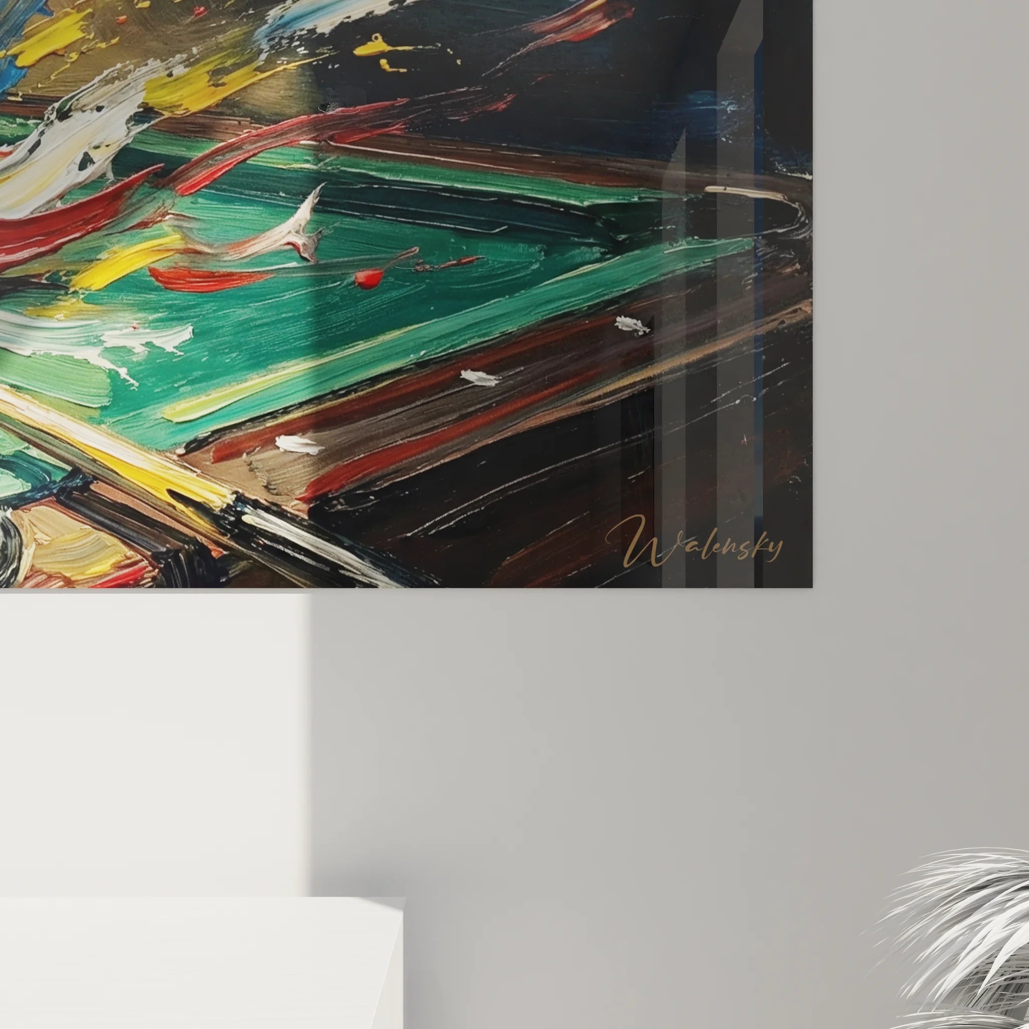 Vue ensemble tableau explosion billard XXL, art mural moderne avec palette vibrante rouge jaune bleu