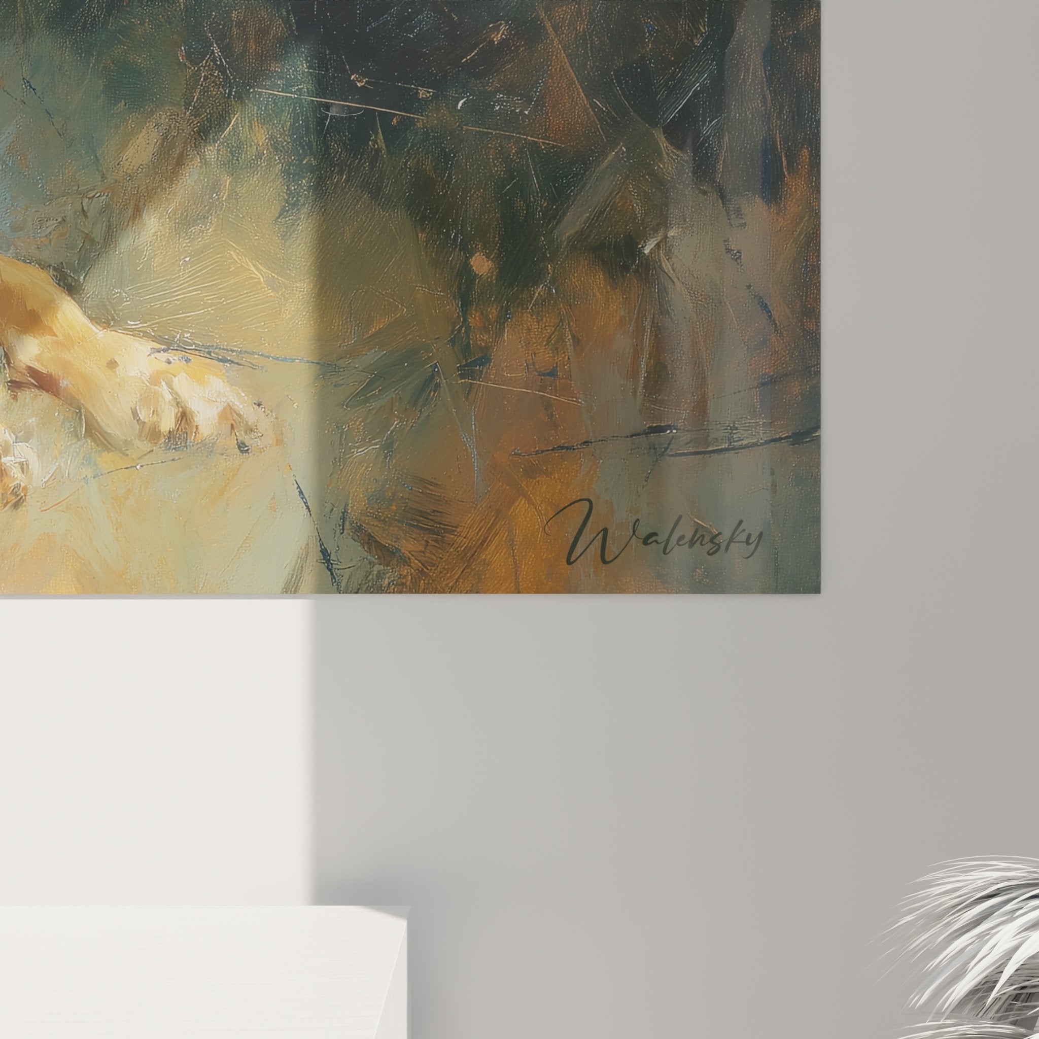 Vue ensemble tableau mural Bloodhound repos contemplatif palette chromatique chaude décoration intérieur