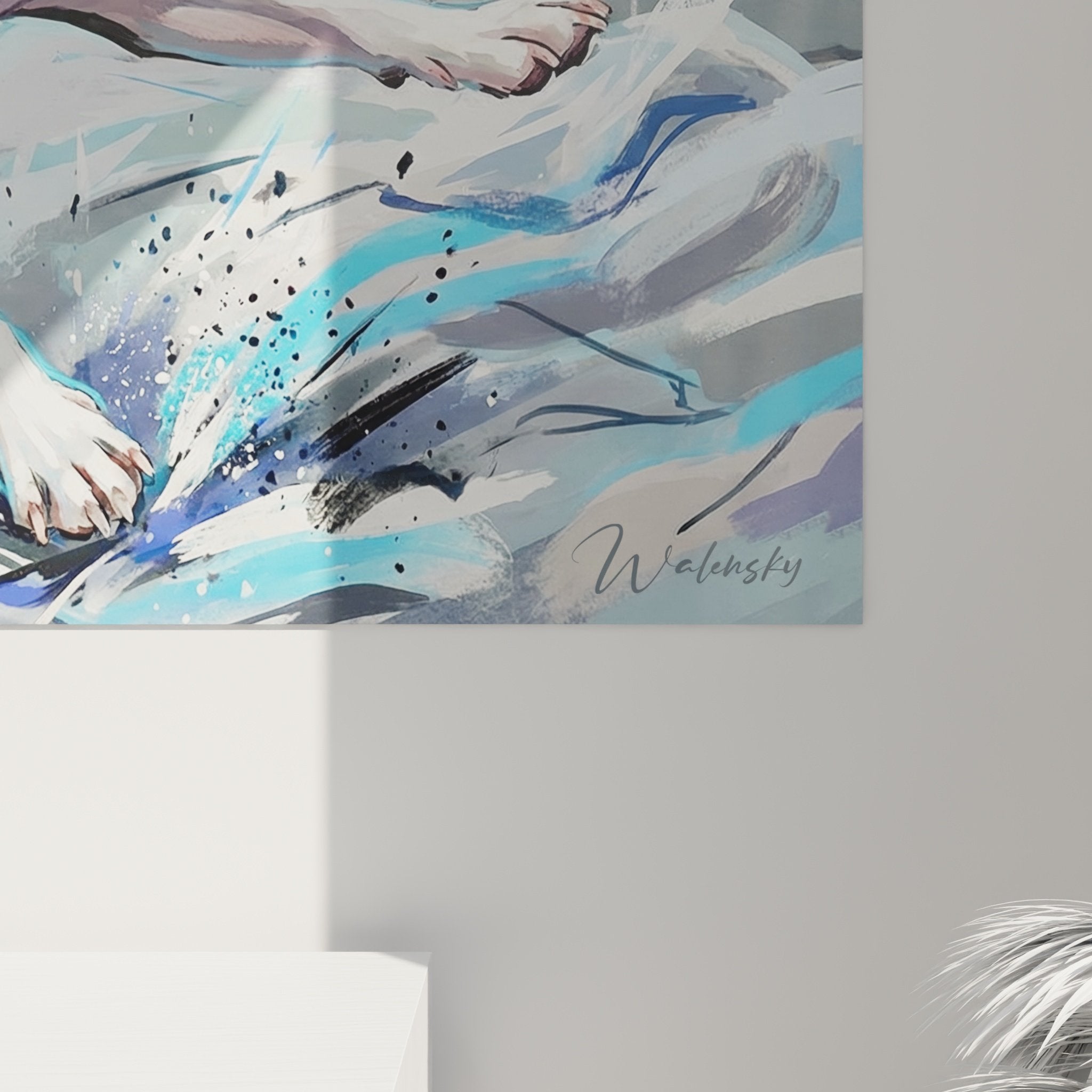 Vue d'ensemble tableau Boston Terrier sur lit bleu dans intérieur moderne decoration murale artistique