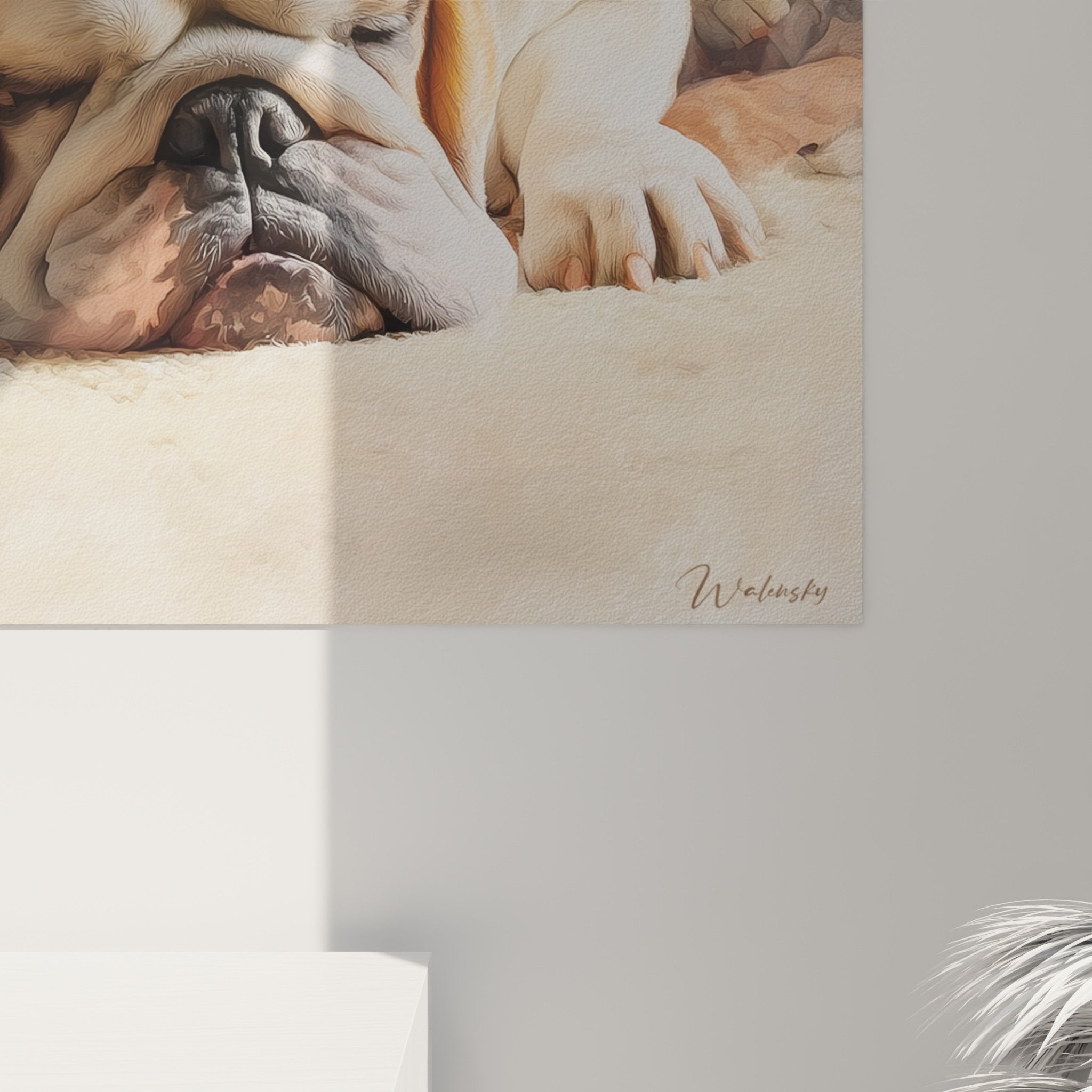 Vue ensemble tableau bouledogue endormi tons naturels decoration murale chaleureuse
