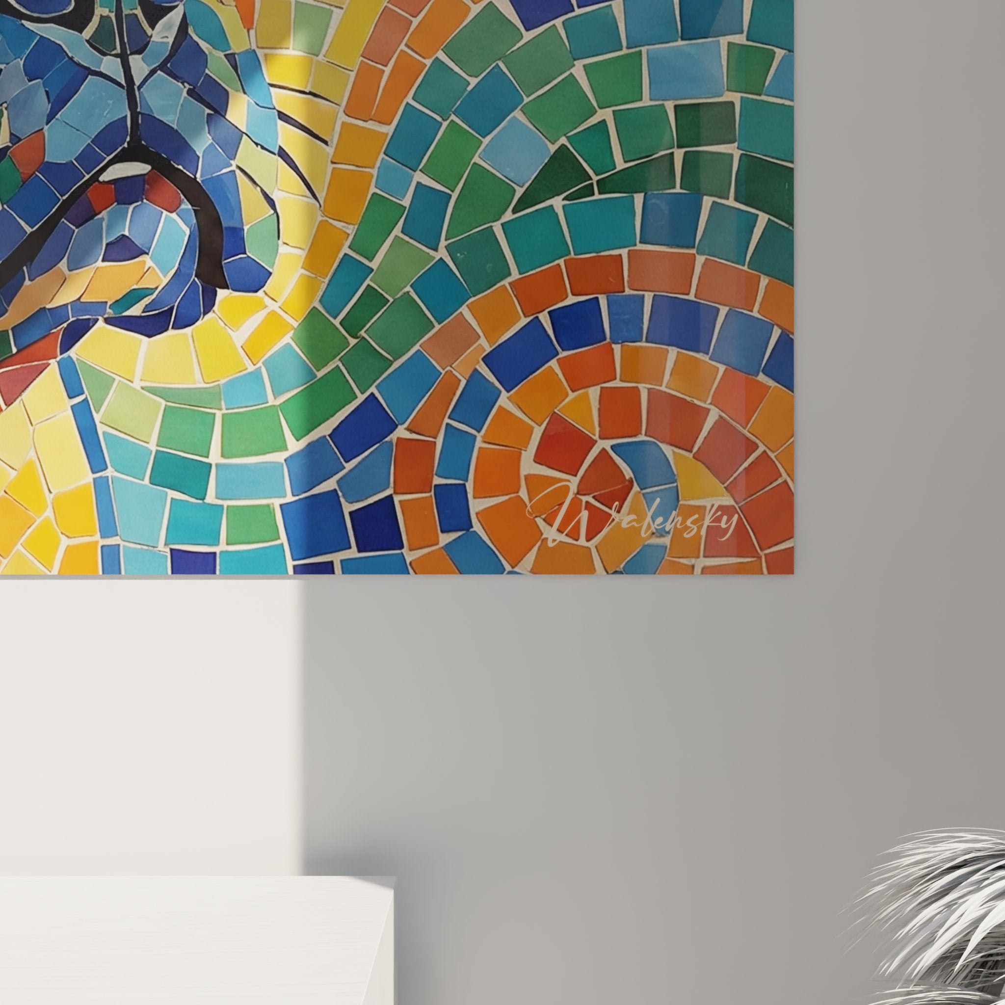 französische bulldogge mosaik gemälde gesamtansicht inneneinrichtung wandkunst zeitgenössisch farben