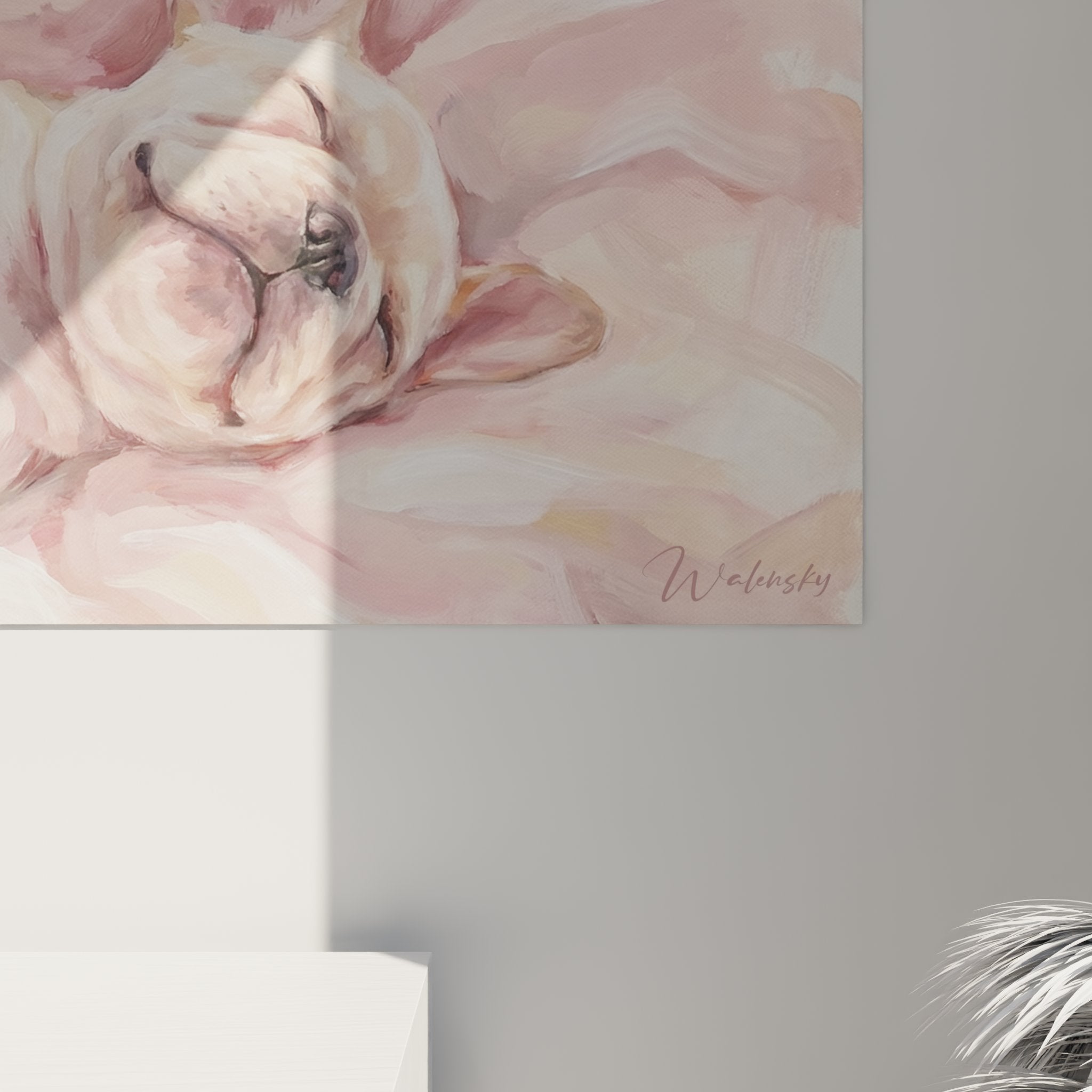 Vue d'ensemble tableau bouledogue français rose pastel décoration murale moderne