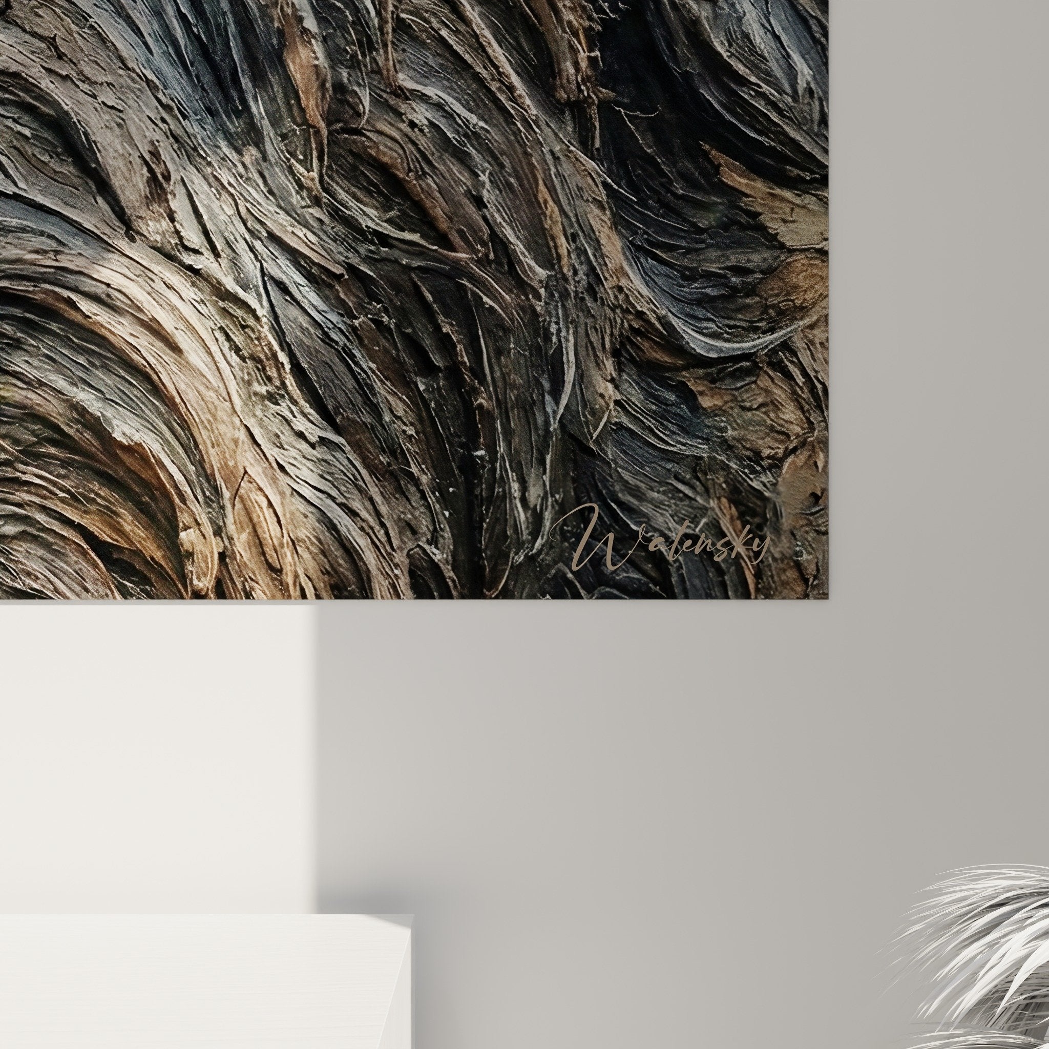 Vue d'ensemble du portrait canin Bouvier des Flandres dans salon moderne avec décoration naturelle