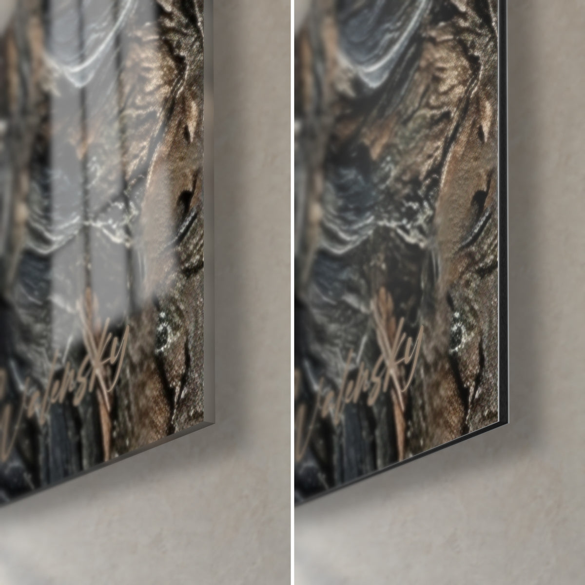 Gemälde eines bärtigen Bouviers mit schiefergrauen und braunen Strähnen, untere rechte Ecke: glänzendes Acrylglas links, matte Dibond-Alu rechts, 3 mm schwarze Kante