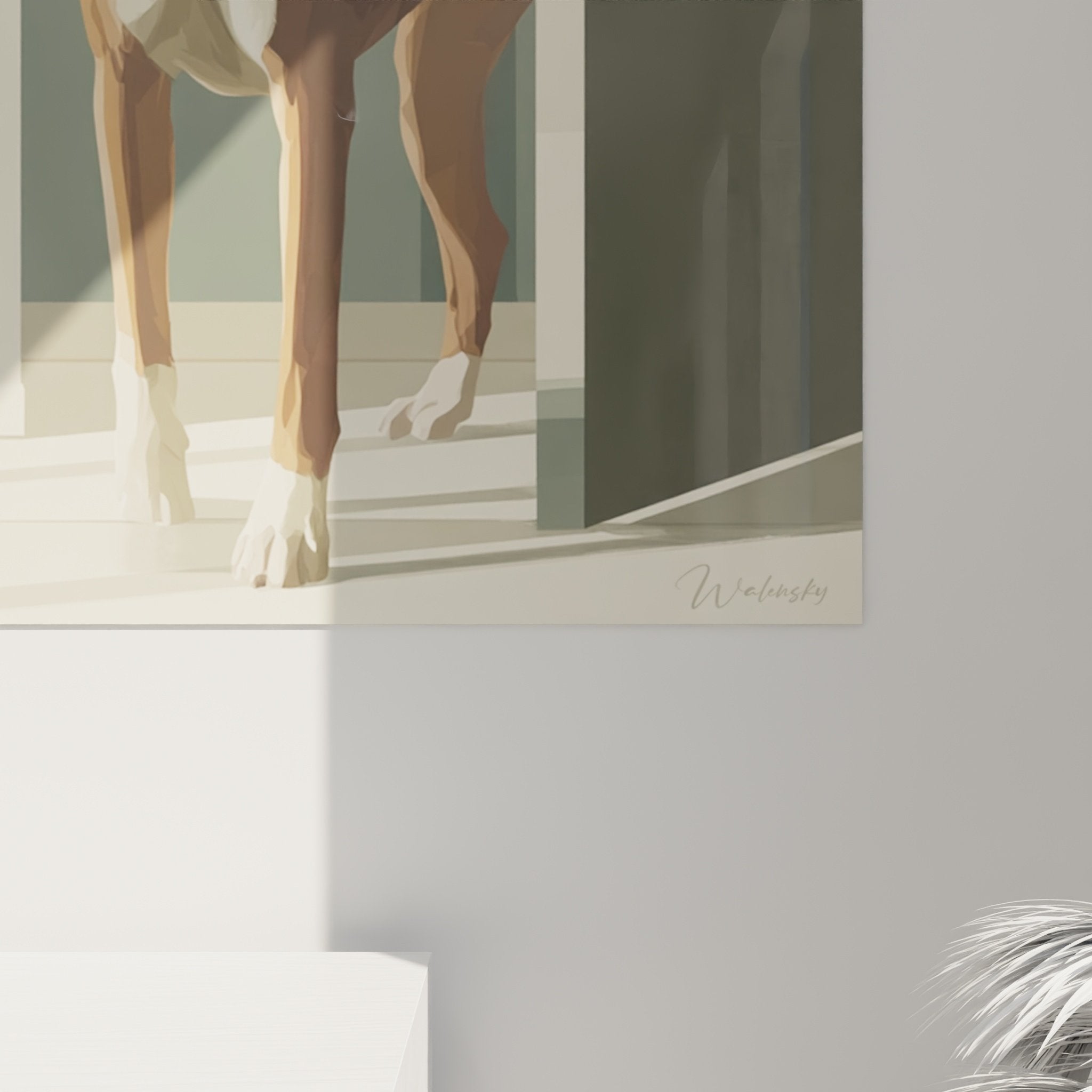 Vue d'ensemble tableau Boxer dans salon moderne, décoration murale élégante tons naturels
