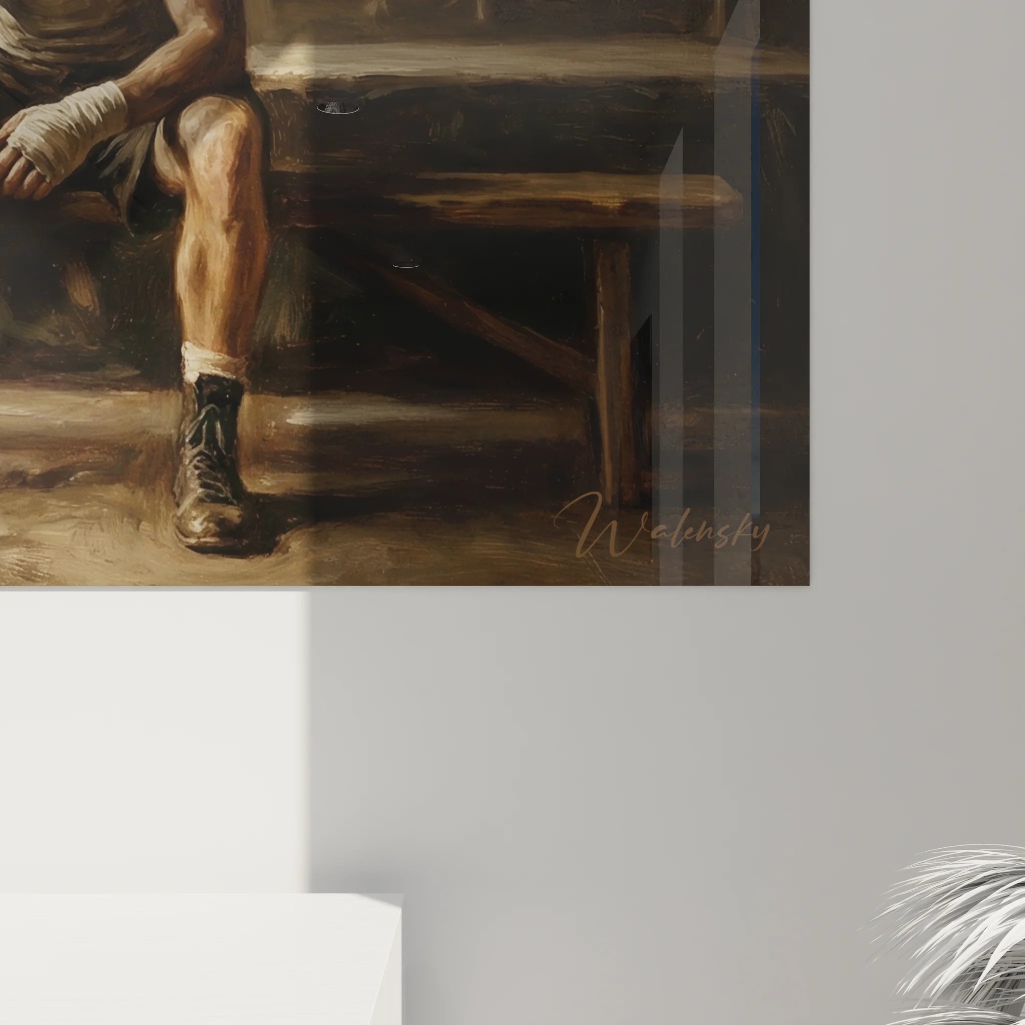 Vue ensemble tableau boxeur salle vintage décoration murale XXL art sport combat industriel