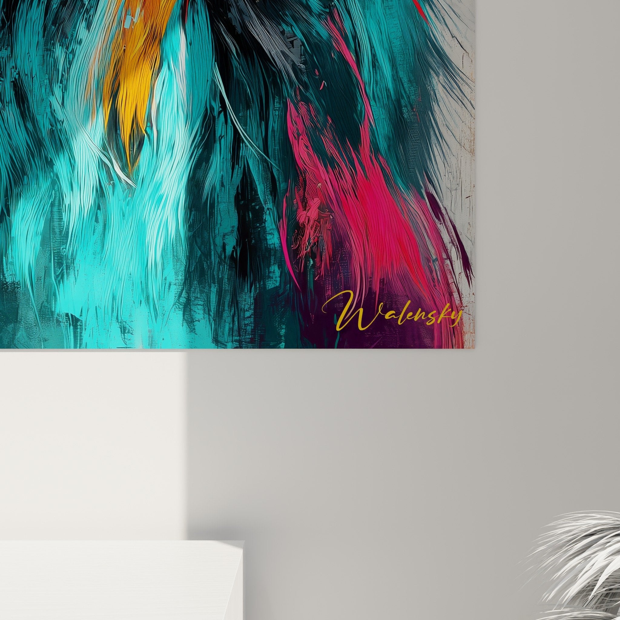 Vue d'ensemble tableau mural Briard multicolore dans intérieur contemporain décoration artistique vibrant