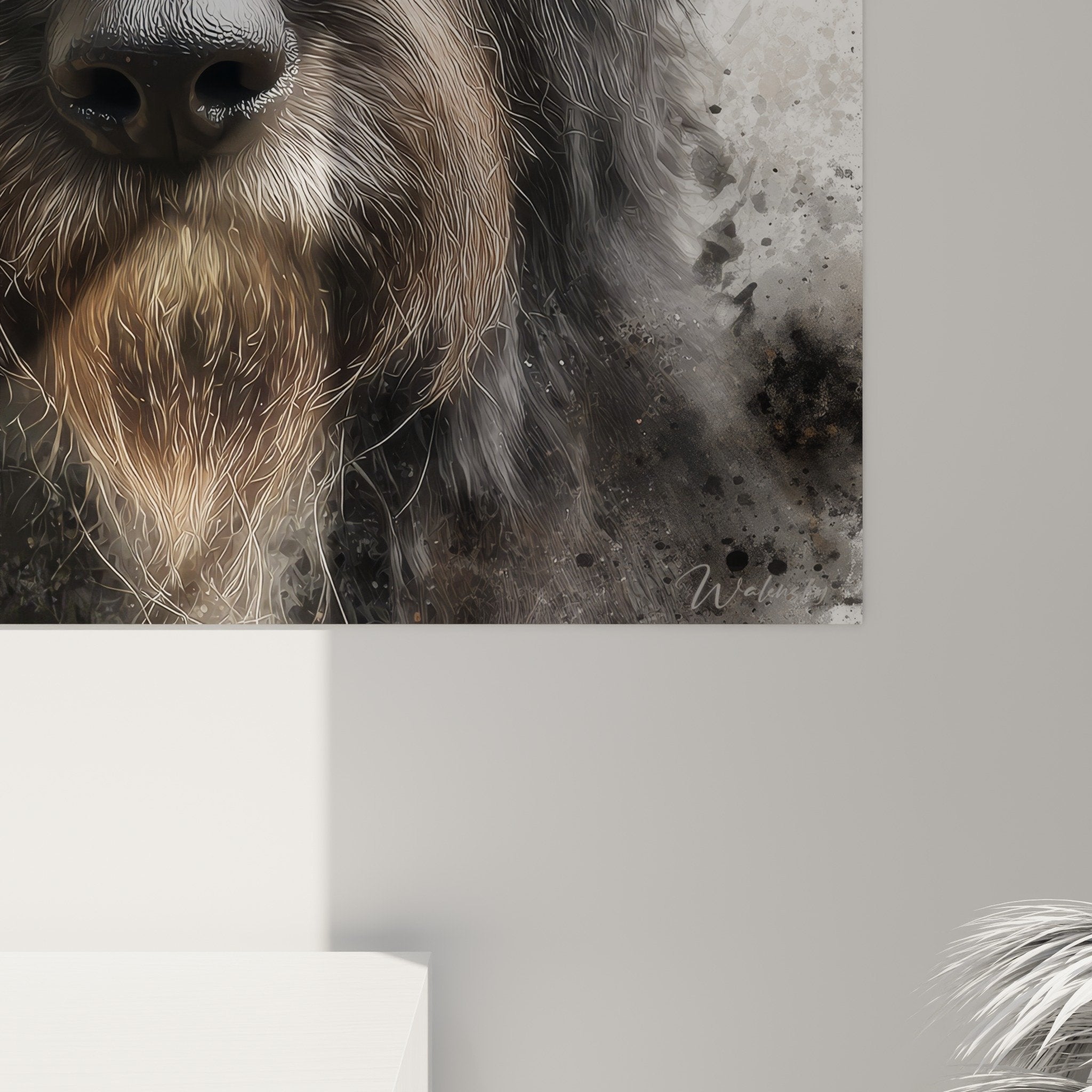 Vue d'ensemble tableau briard fond aquarelle salon moderne décoration murale art animalier contemporain