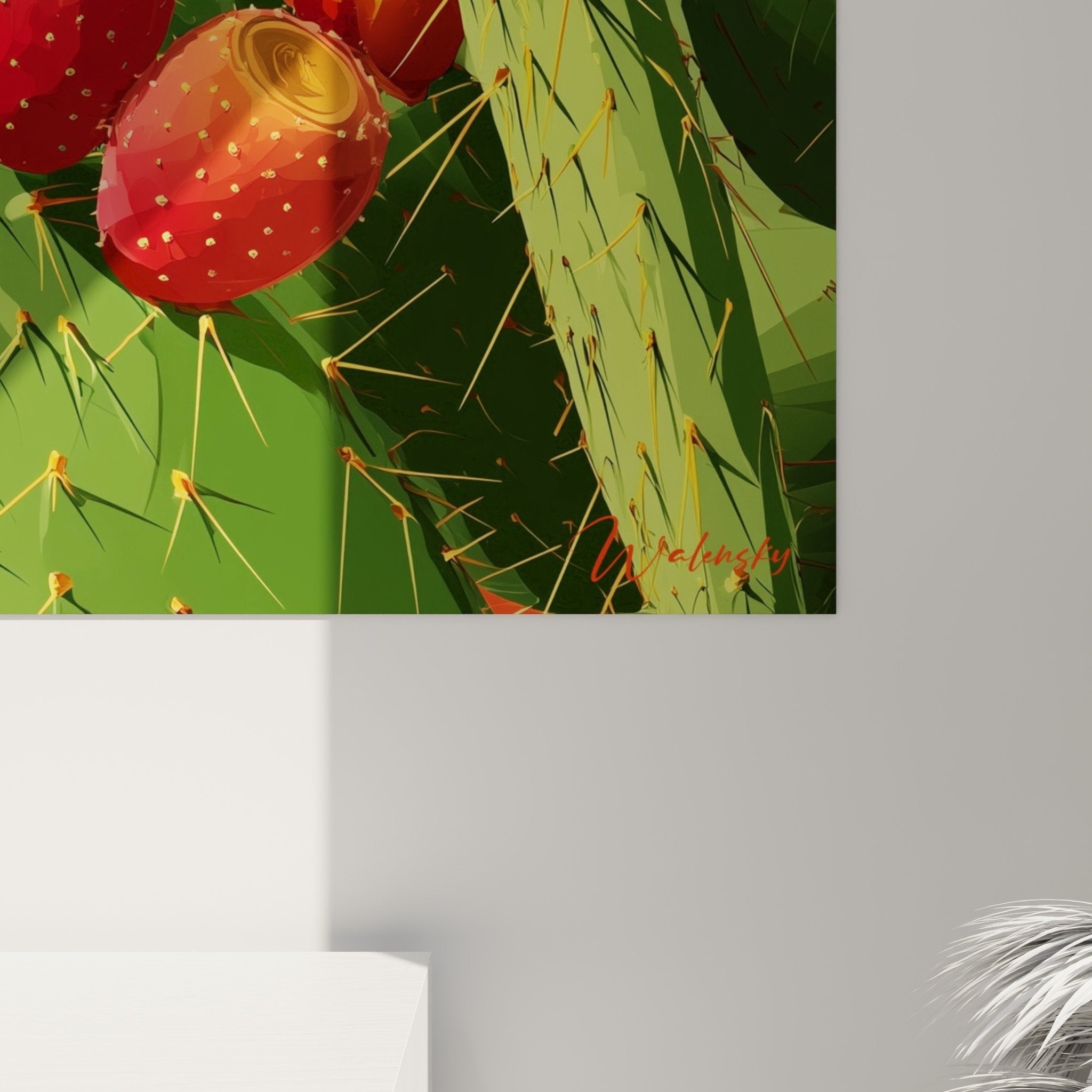 Gesamtansicht Kaktus-Gemälde Kubismus orangefarbener Hintergrund geometrische Komposition moderne Kunst rote Früchte