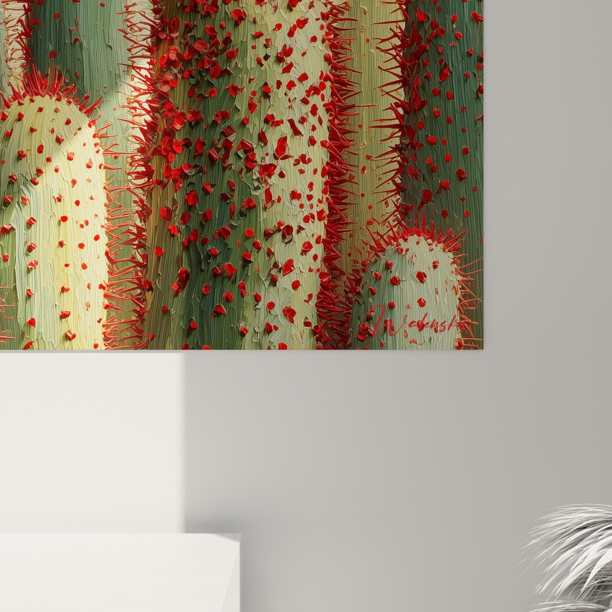 Vue d'ensemble du tableau cactus désertique dans intérieur contemporain mur blanc