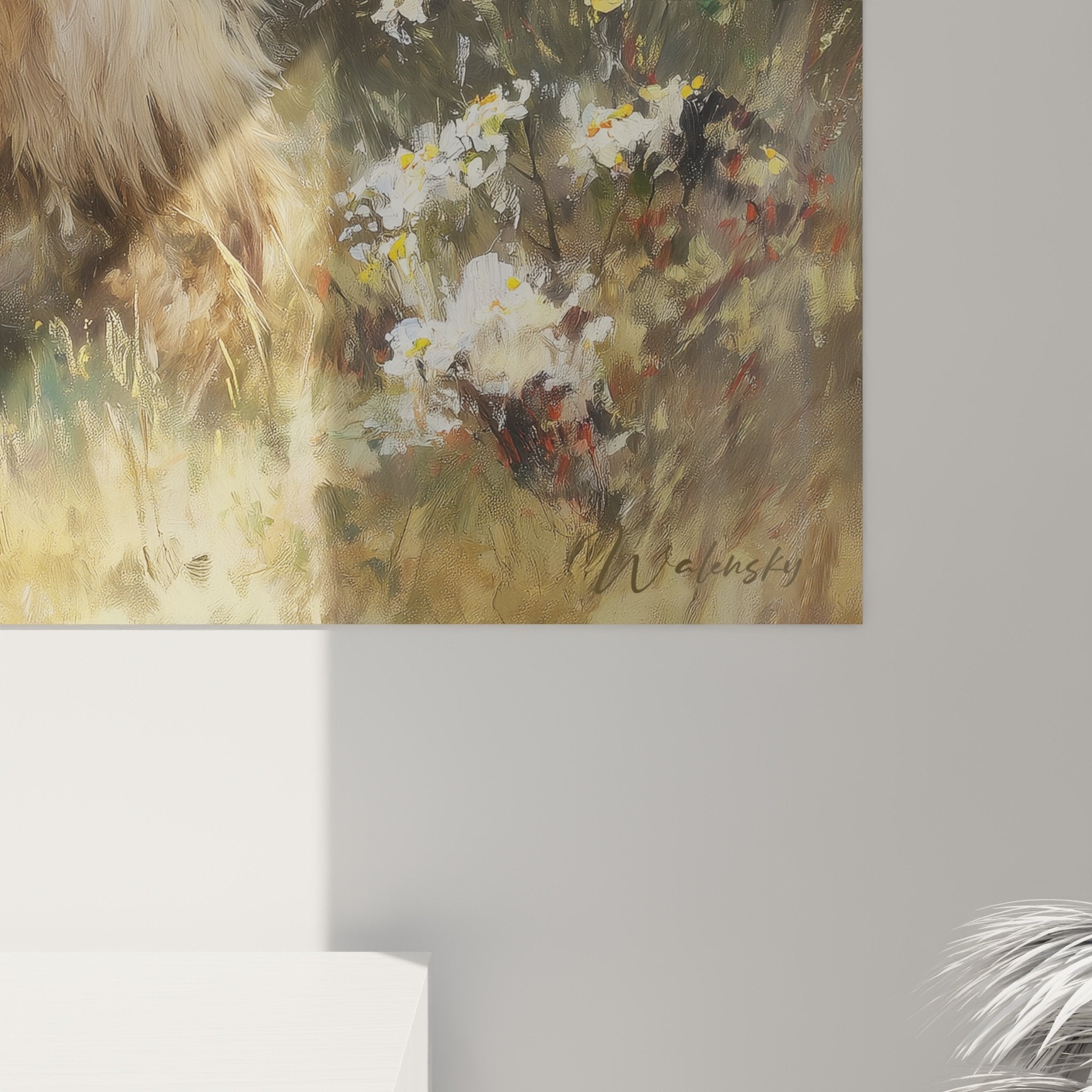 Vue ensemble tableau Cairn Terrier jardin anglais dans intérieur contemporain tons neutres