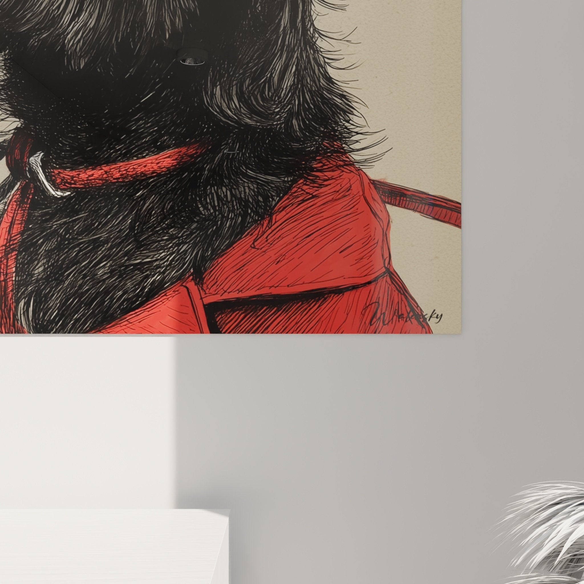 Vue d'ensemble du tableau portrait Cairn Terrier au manteau rouge sur mur blanc avec encadrement élégant