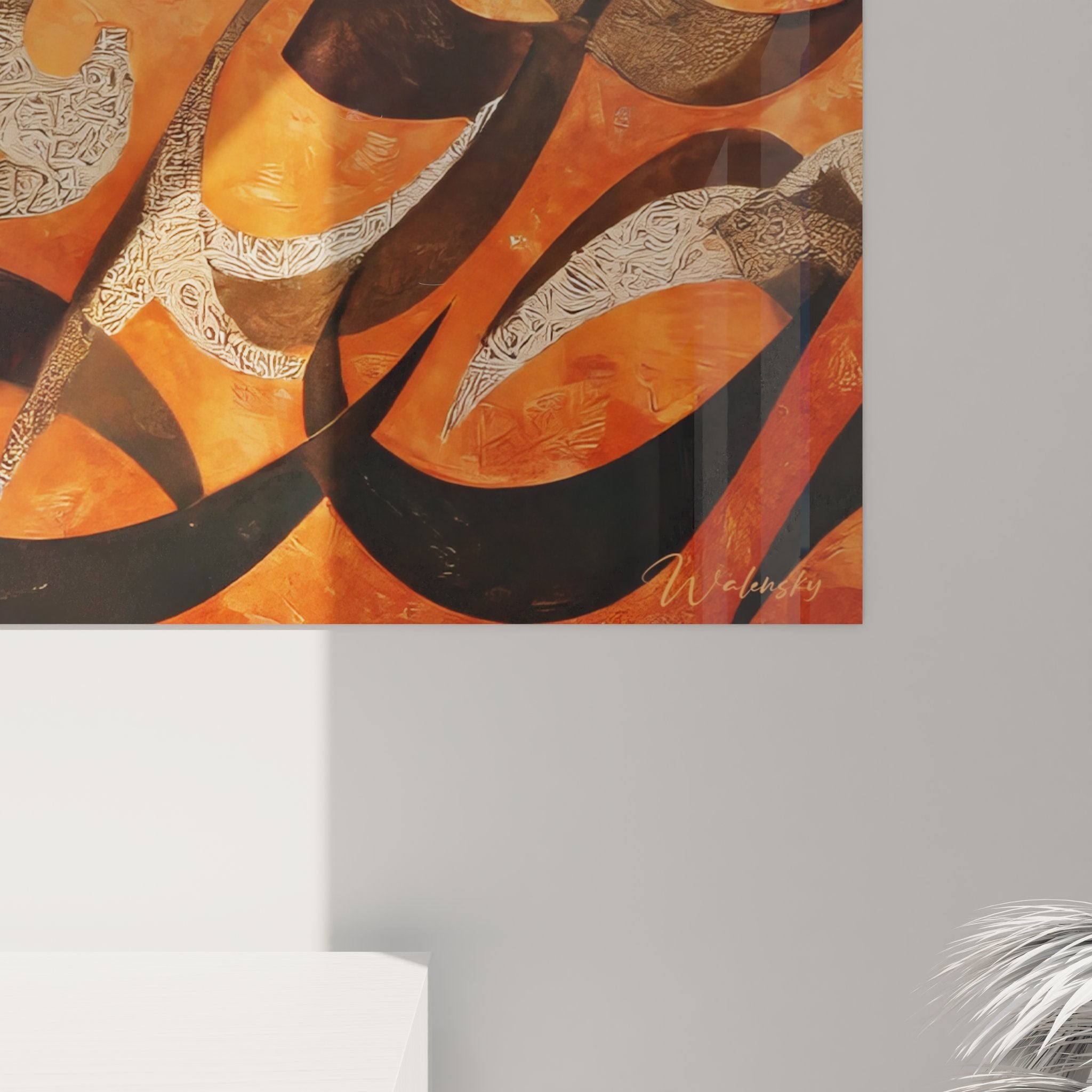 Vue ensemble tableau mural calligraphie arabe, art africain orange et marron pour décoration intérieure