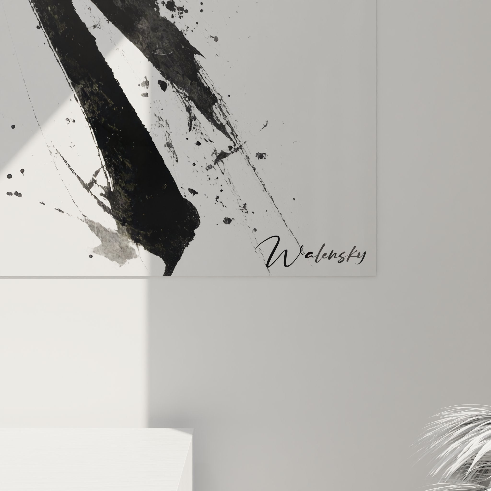 Vue ensemble tableau mural calligraphique noir moderne paysage abstrait décoration contemporaine