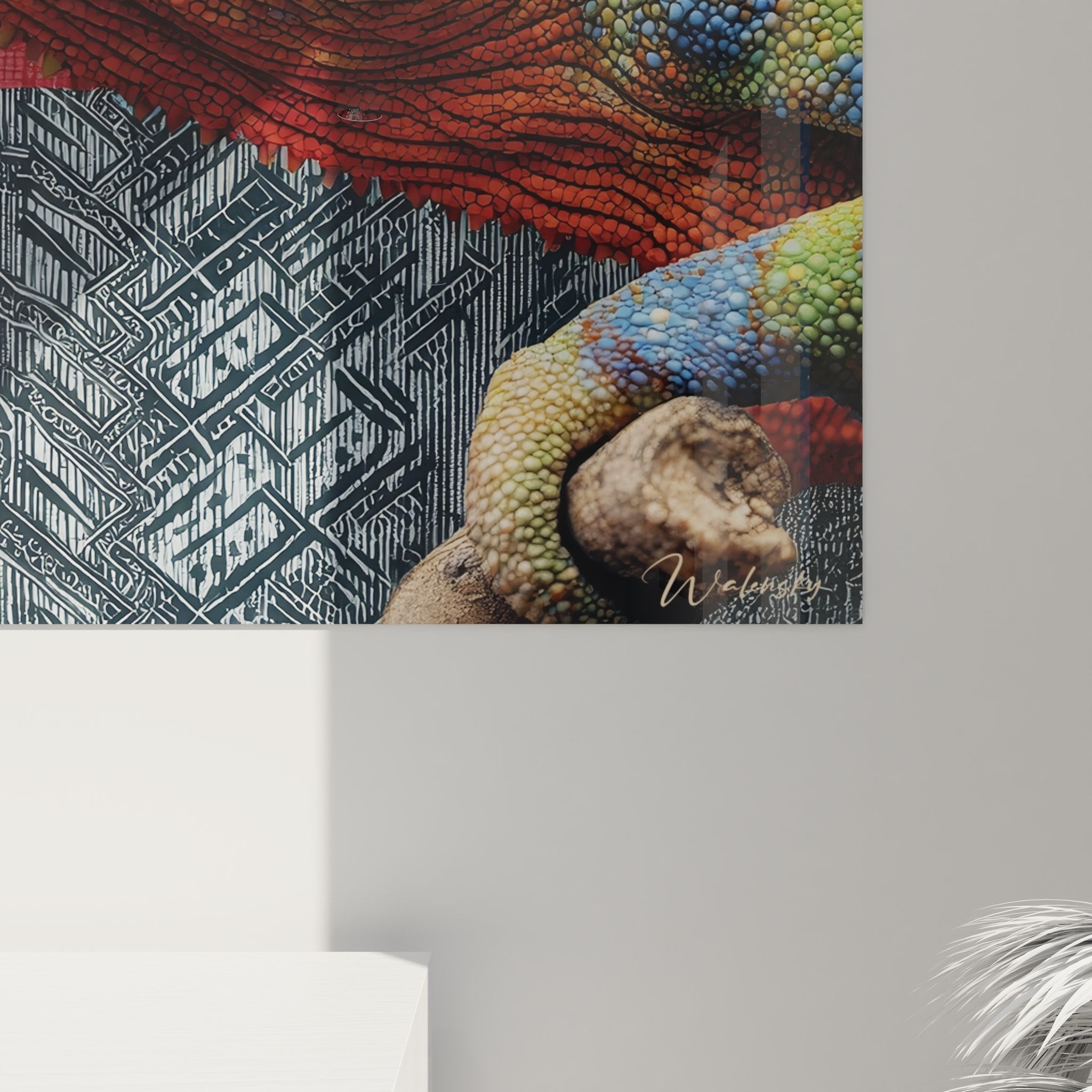 Vue d'ensemble tableau caméléon avec motifs géométriques et palette chromatique vibrante complète