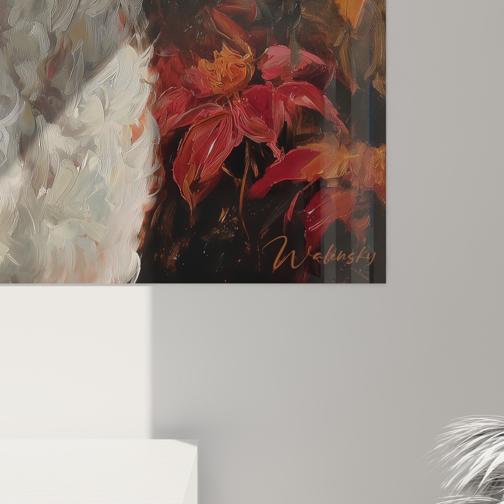 Vue ensemble tableau caniche blanc feuillages colores decoration murale salon style rustique moderne perspective