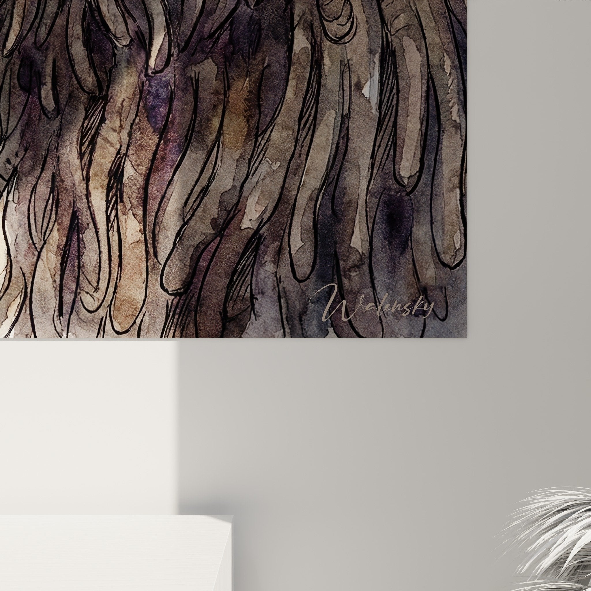 Gesamtansicht dekoratives Hundebild Puli Wandkunst Tiermalerei Aquarell warme Töne Beige Gold